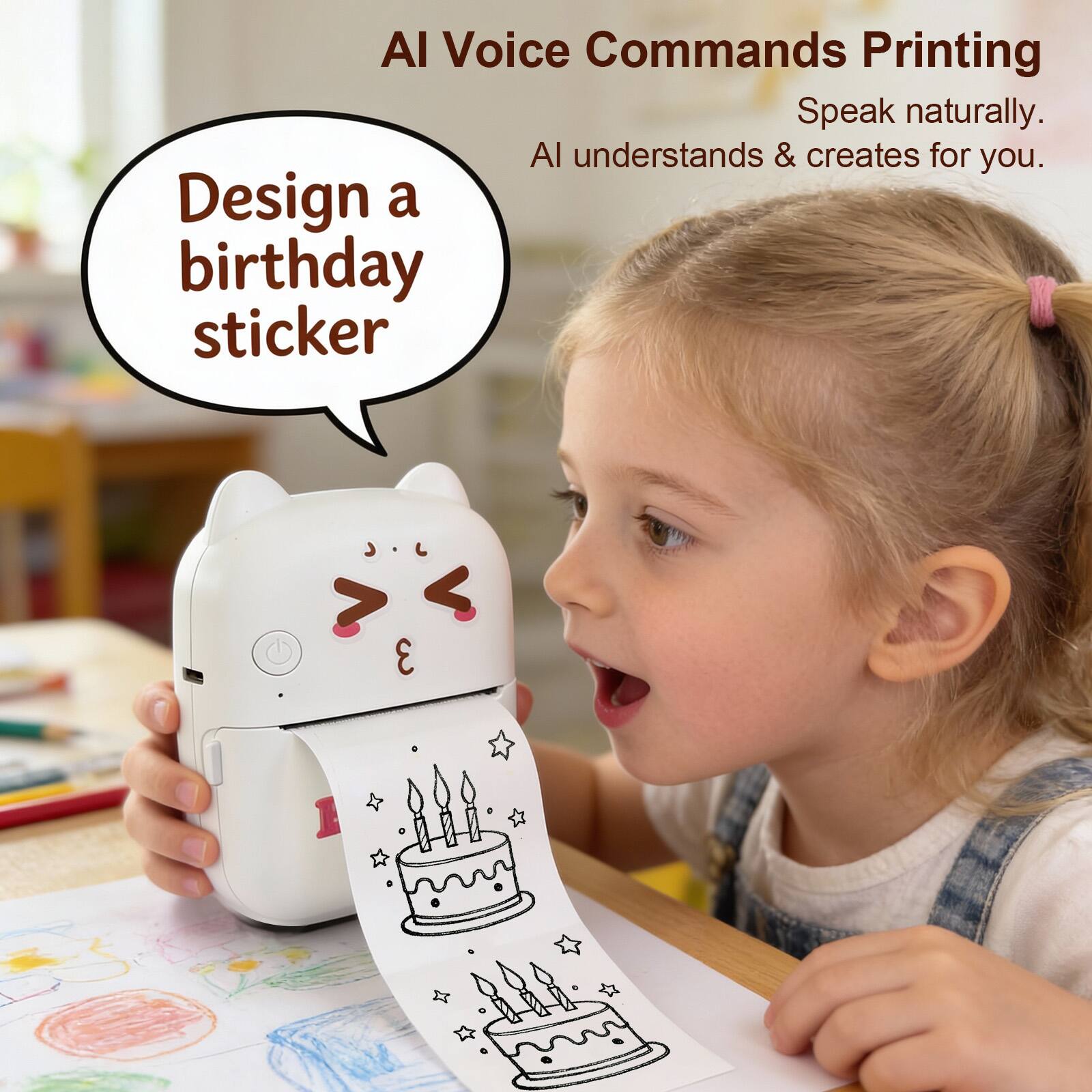 AI Voice Commands Printing  
Speak naturally.  
AI understands & creates for you.  

Design a birthday sticker