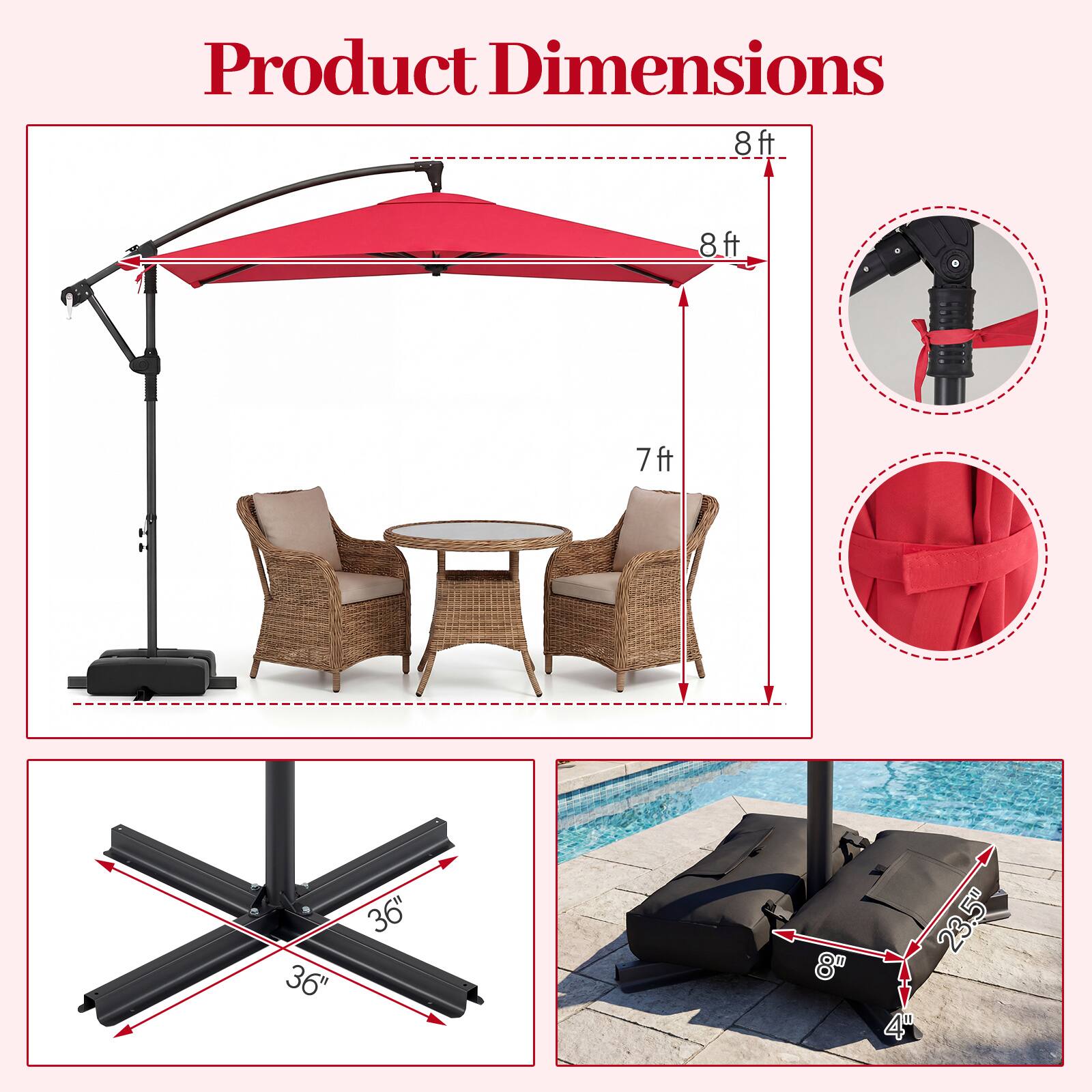 Product Dimensions: 8ft x 8ft x 7ft, 36" x 36", 8" x 23.5" x 4"