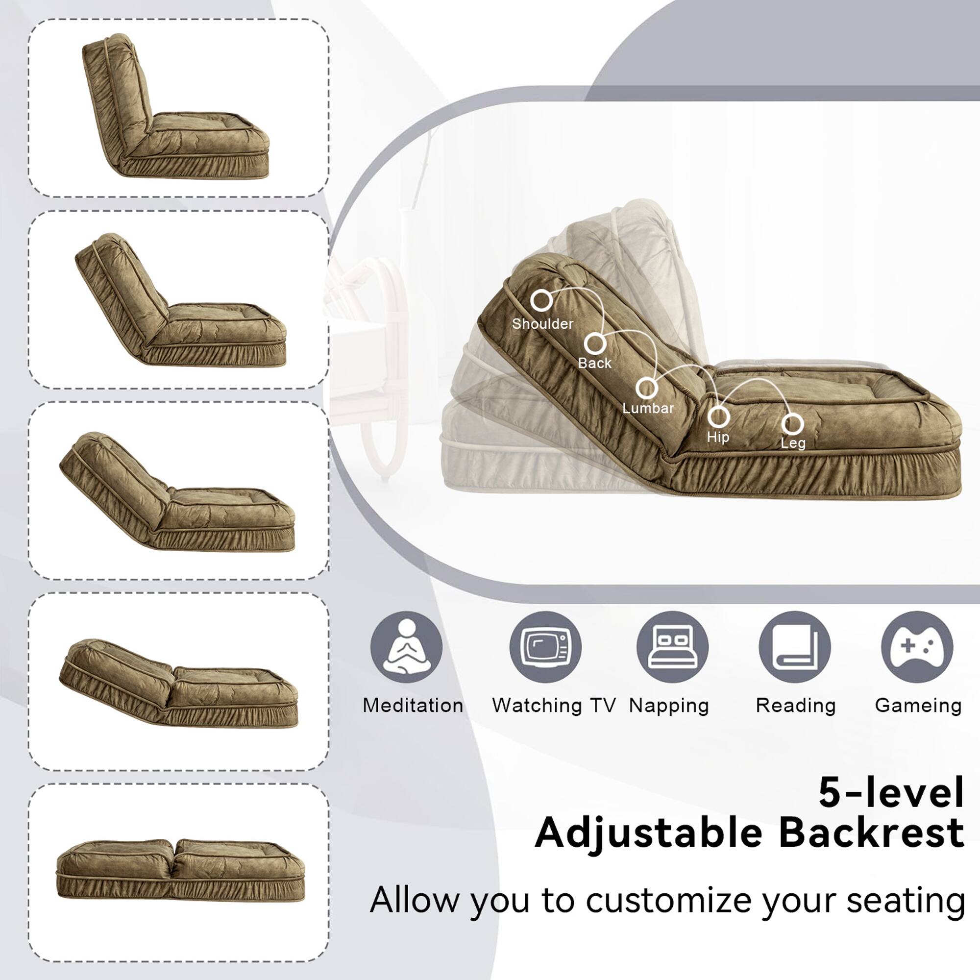 Shoulder Back L Lumbar Hip Leg + Meditation Watching TV Napping Reading Gaming

5-level Adjustable Backrest

Allow you to customize your seating