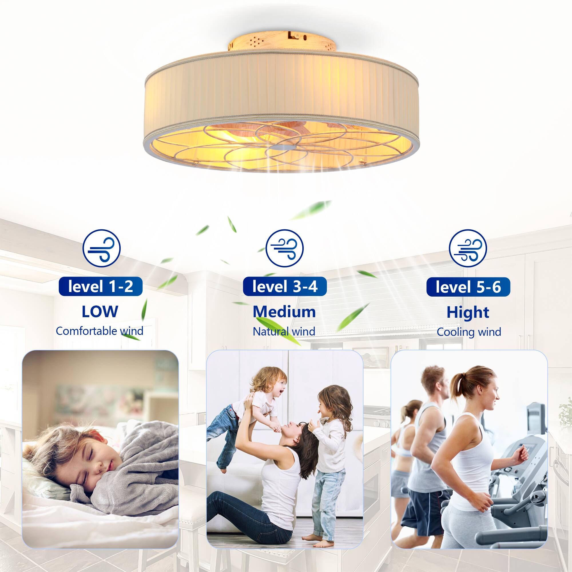 - Level 1-2: LOW Comfortable wind
- Level 3-4: Medium Natural wind
- Level 5-6: High Cooling wind