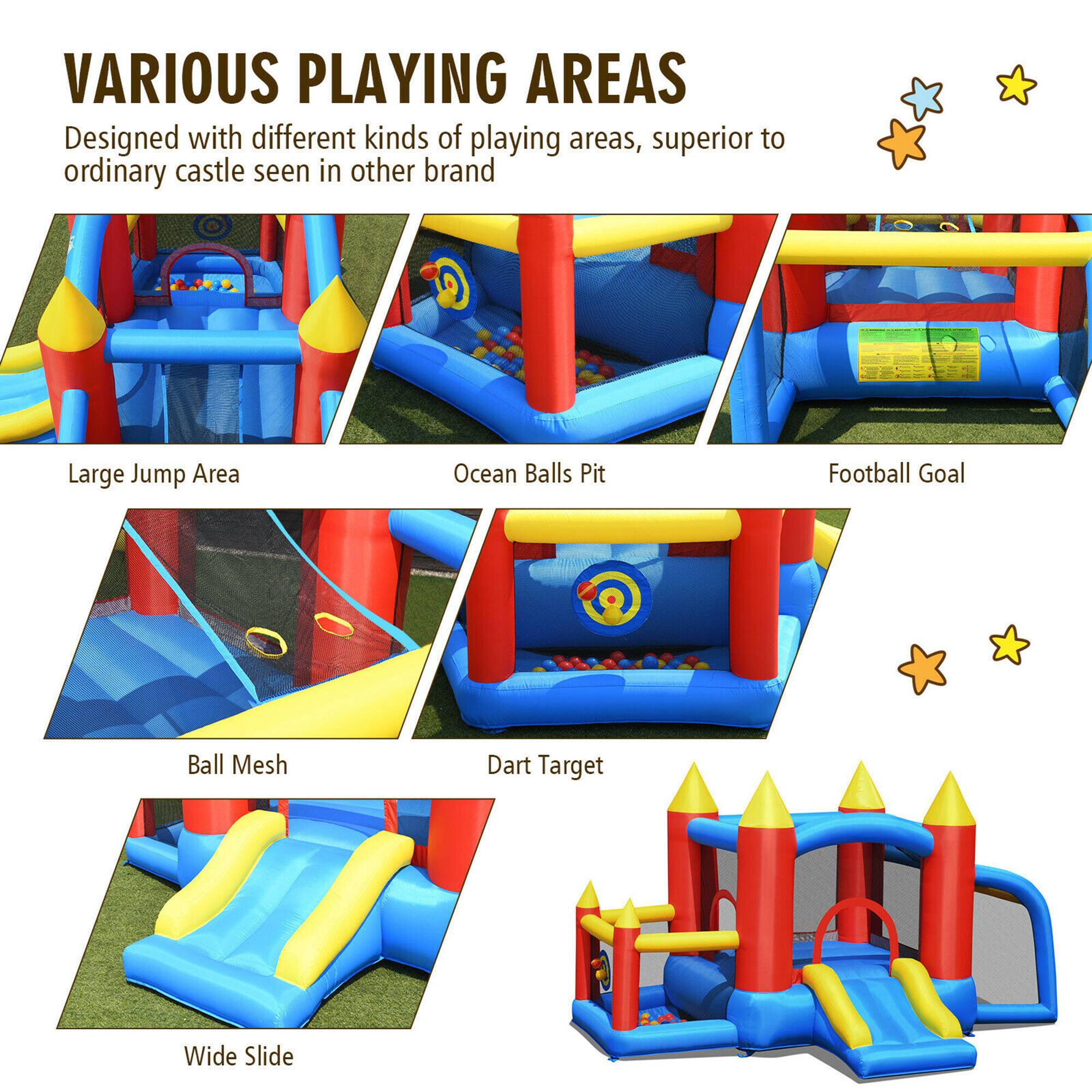 VARIOUS PLAYING AREAS  
Designed with different kinds of playing areas, superior to ordinary castle seen in other brand  

- Large Jump Area  
- Ocean Balls Pit  
- Football Goal  
- Ball Mesh  
- Dart Target  
- Wide Slide