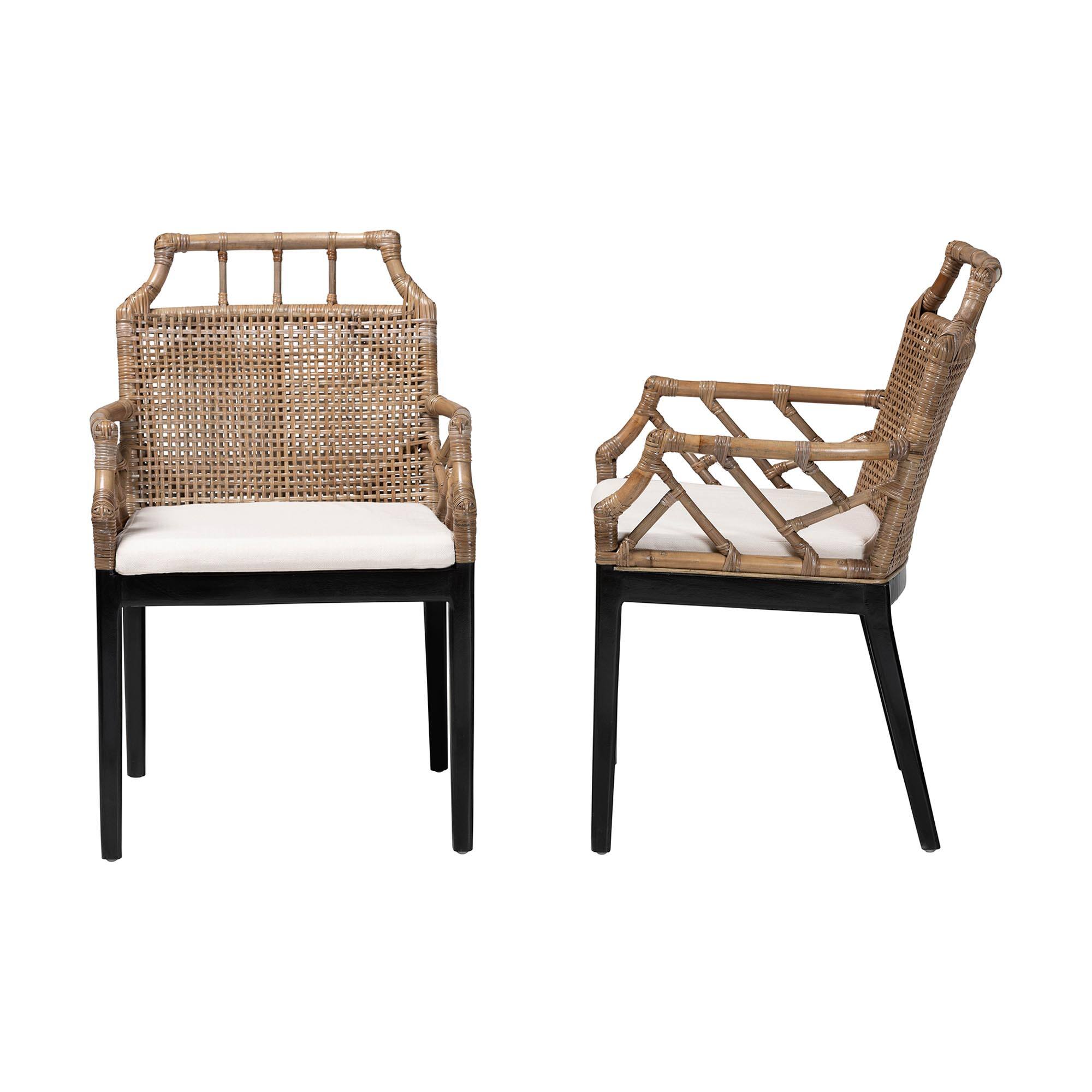 Left. bali & pari - Abiel Natural Rattan 2-Piece Dining Armchair Set with Cushion – Handwoven Wicker Chair with Mahogany Wood Frame - Greywash/Black.