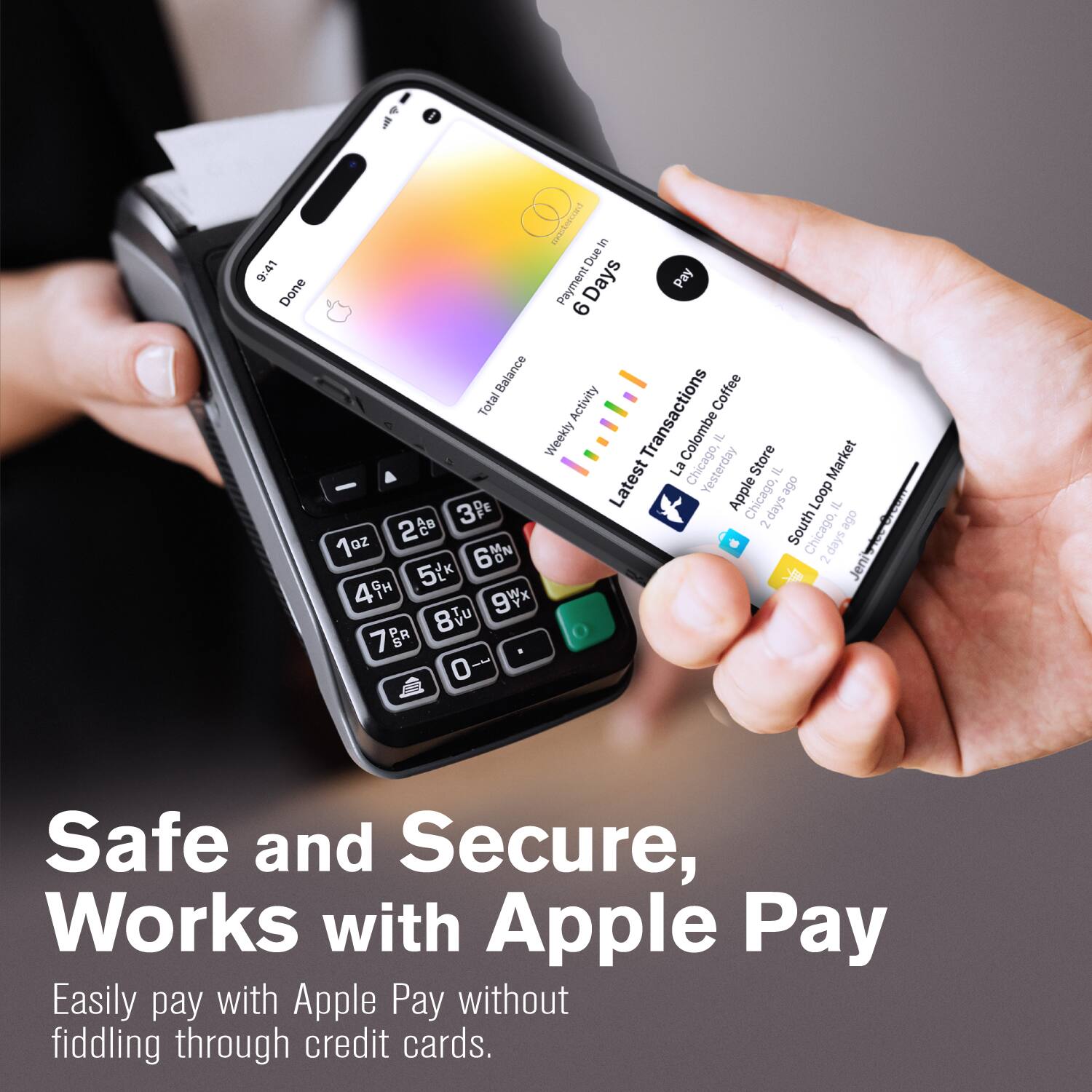 I 9:41 Done mactaecoed i Duein Payment Days Pay 6 Balance Coffee Total Activity Transactions Weekly Colombe IL Store Market - Latest La Chicago, Yesterday IL e 3PE Apple Chicago, days Loop IL 2 2 South e 1oz 60N Chicago, siep 2 5( Jeni 49H 9Wx 8 7BR o Safe and Secure, Works with Apple Pay Easily pay with Apple Pay without fiddling through credit cards.