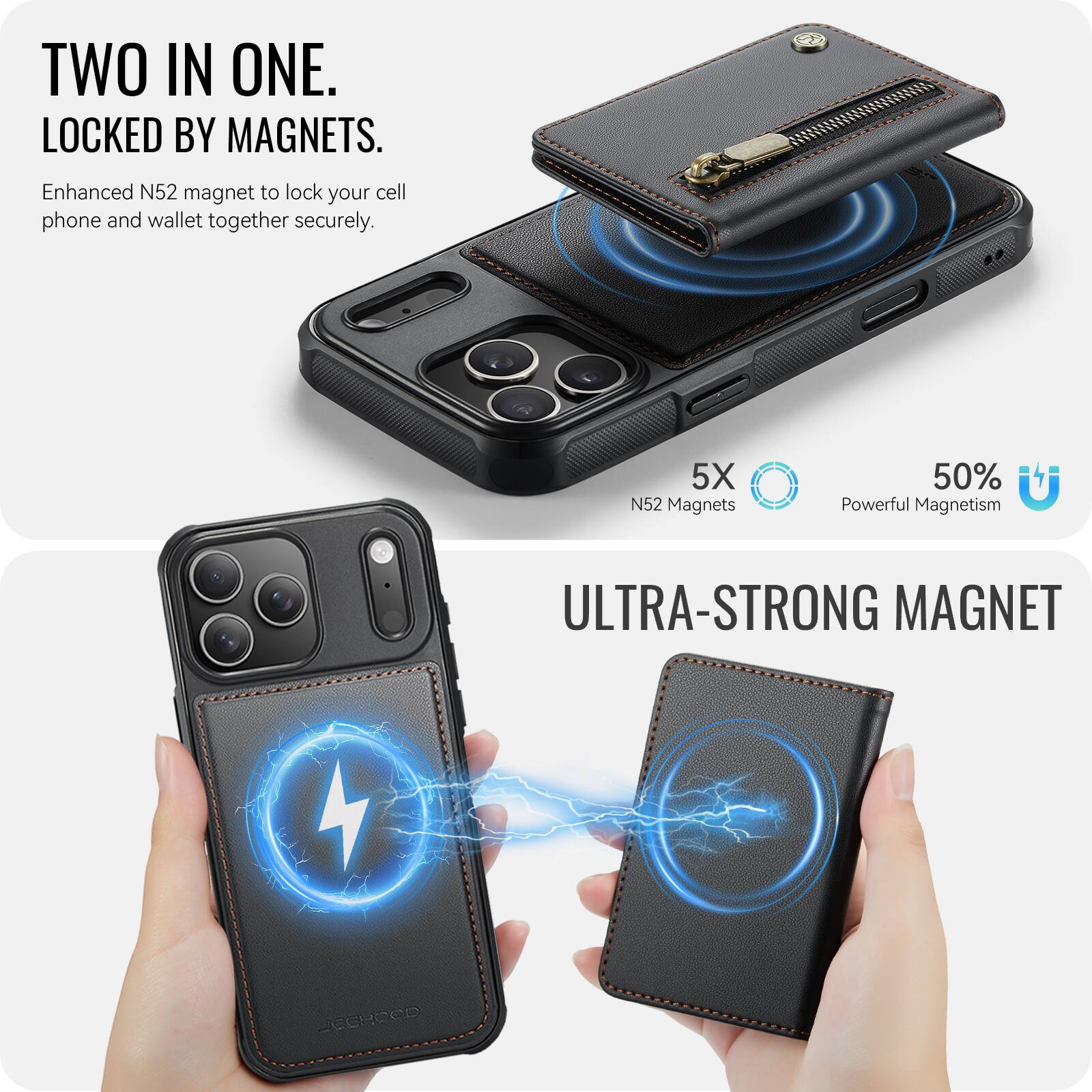 TWO IN ONE.  
LOCKED BY MAGNETS.  
Enhanced N52 magnet to lock your cell phone and wallet together securely.  

5X N52 Magnets  
50% Powerful Magnetism  

ULTRA-STRONG MAGNET