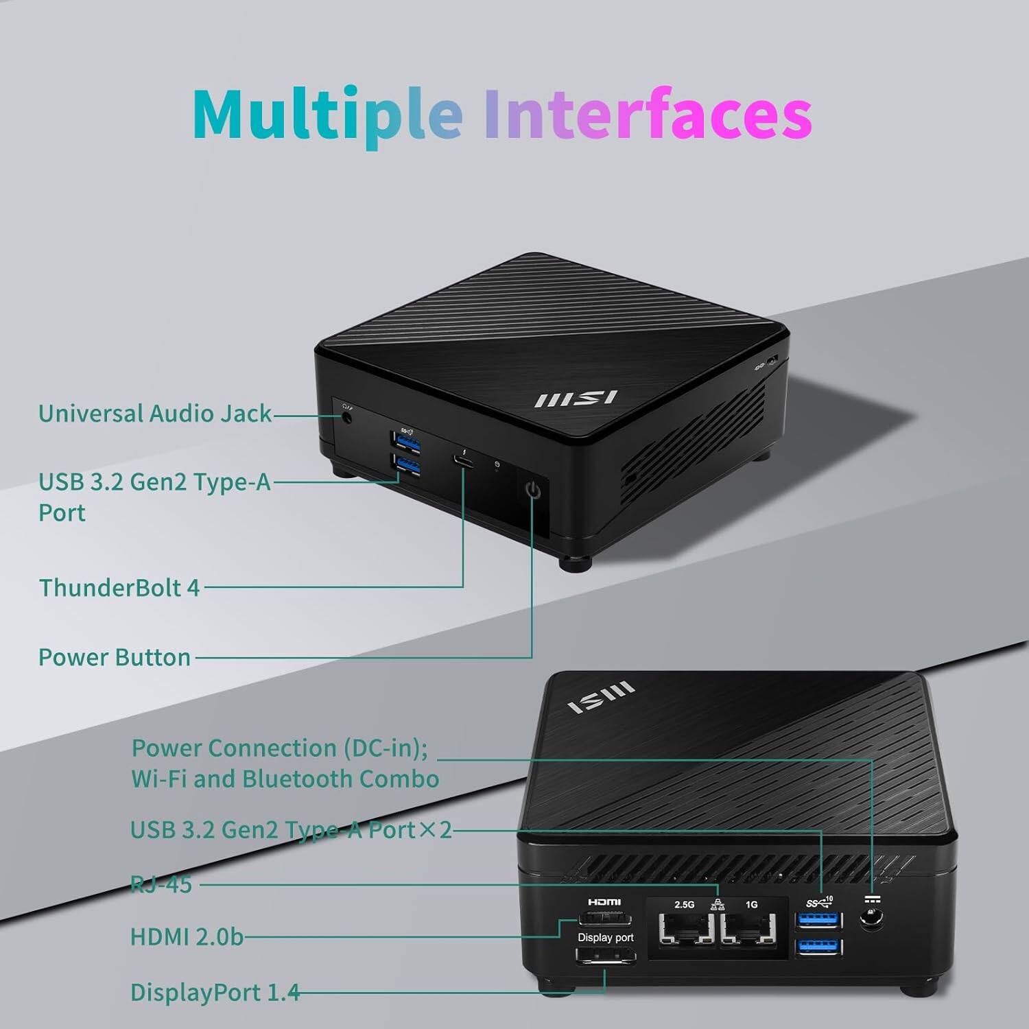 Multiple Interfaces

- Universal Audio Jack
- USB 3.2 Gen2 Type-A Port
- ThunderBolt 4
- Power Button
- Power Connection (DC-in)
- Wi-Fi and Bluetooth Combo
- USB 3.2 Gen2 Type A Port x2
- RJ-45
- HDMI 2.0b
- DisplayPort 1.4