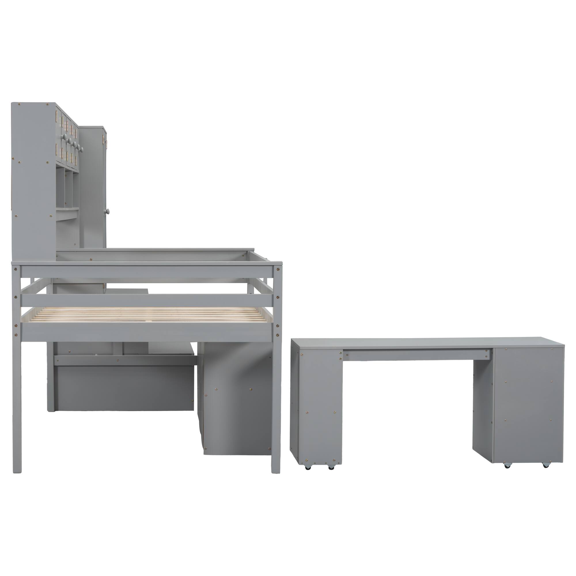 Alt View 8. Tiramisubest - Full Size Gray Wooden Loft Bed with Storage, Desk, Drawers & Shelves - Gray.