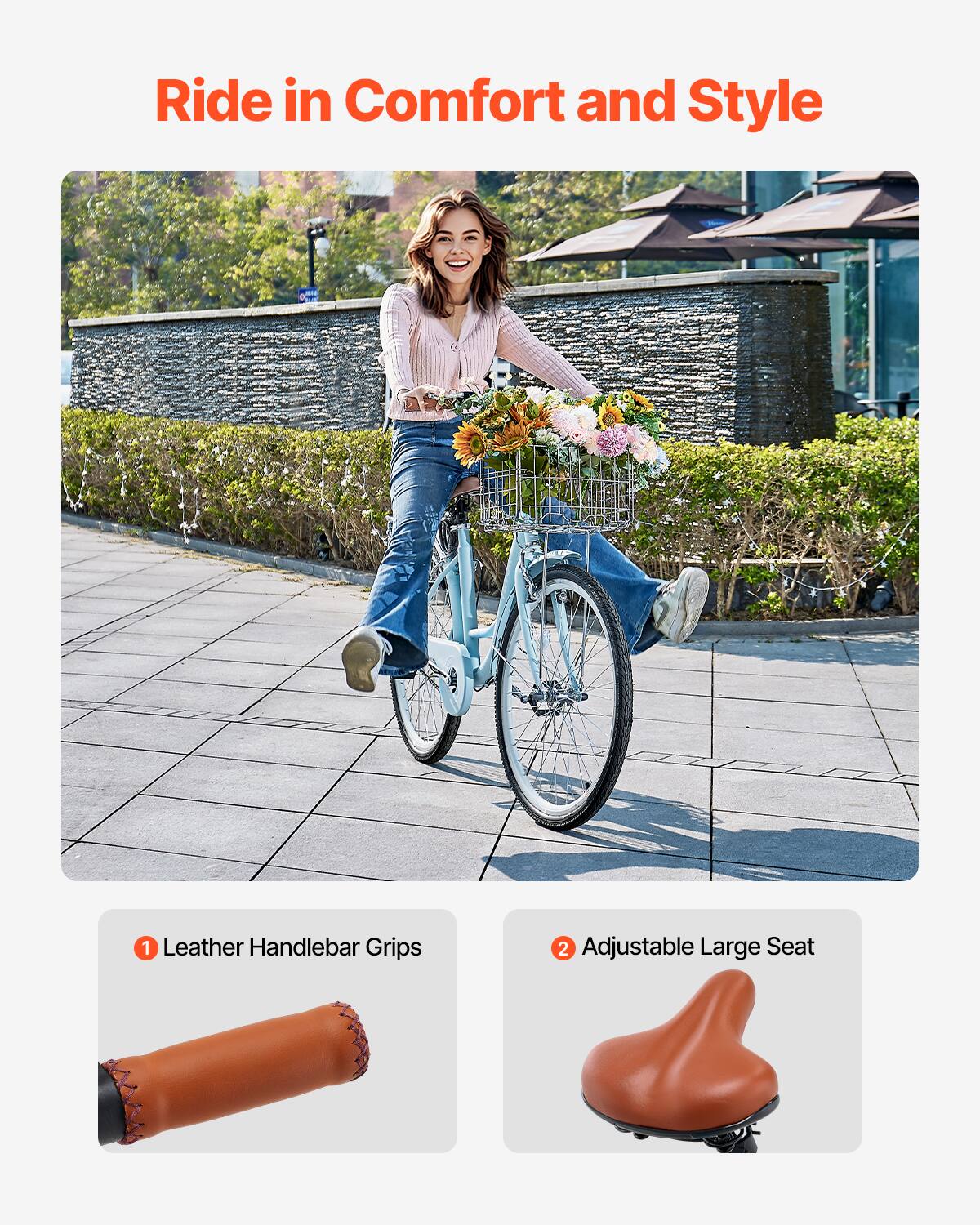 Ride in Comfort and Style
1 Leather Handlebar Grips
2 Adjustable Large Seat