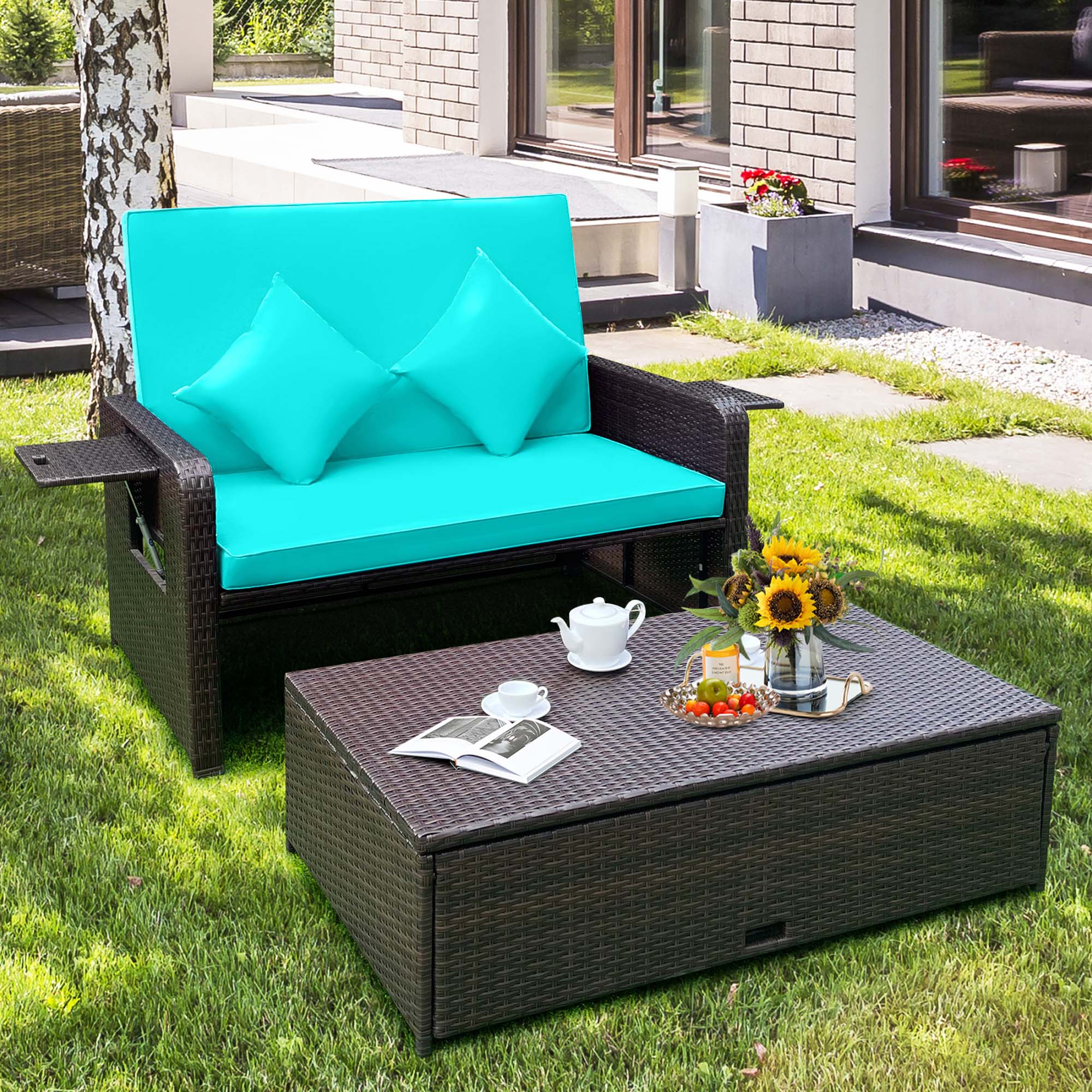 Alt View 4. Costway - Patio Rattan Loveseat Set Daybed Lounge Storage Ottoman Side Tables Adjust - Turquoise.