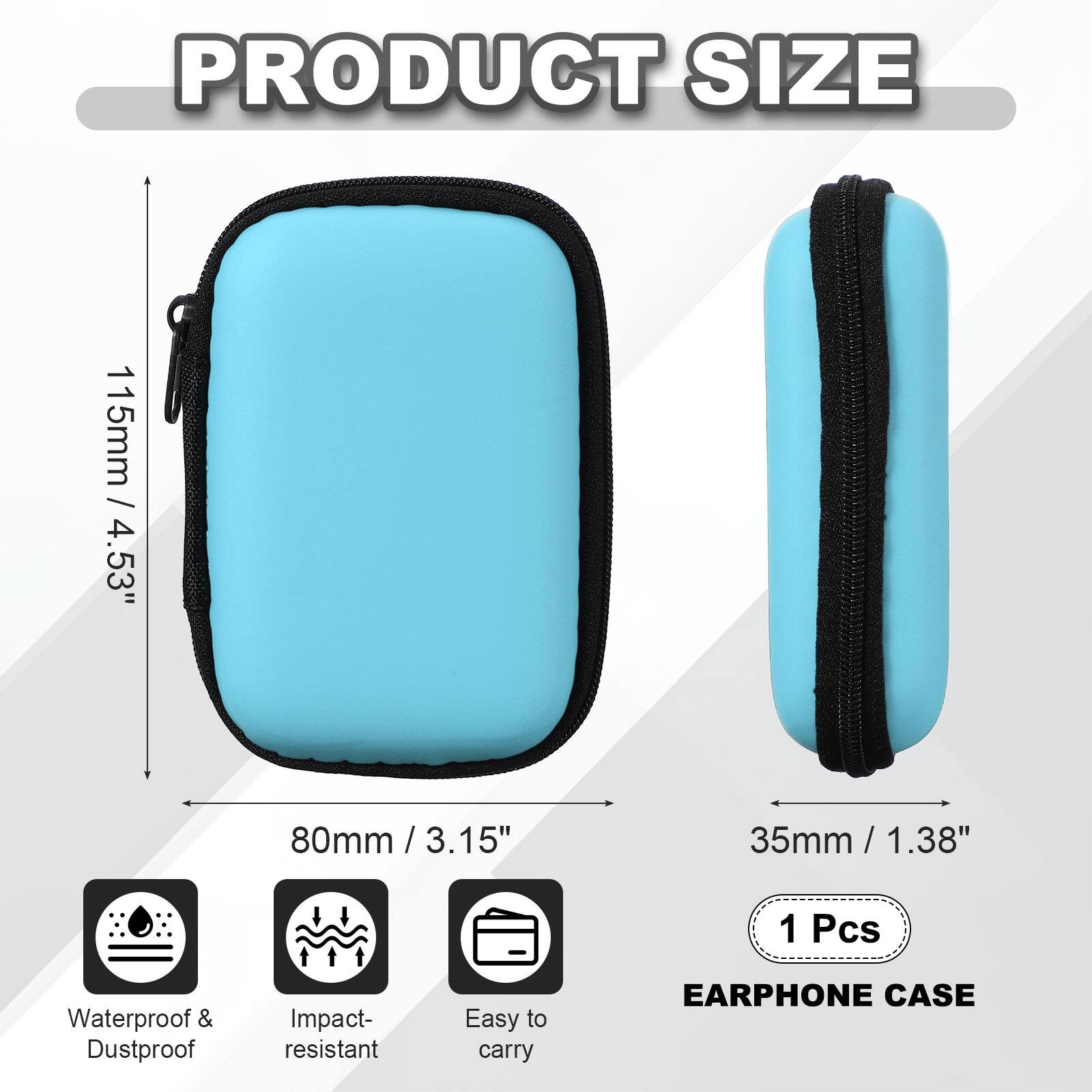 PRODUCT SIZE

115mm / 4.53"  
80mm / 3.15"  
35mm / 1.38"  

1 Pcs Waterproof & Dustproof Impact-resistant Easy to carry EARPHONE CASE