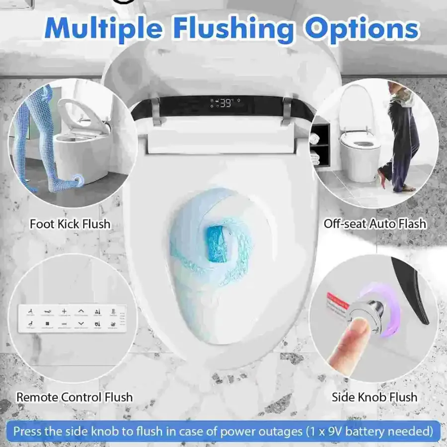 The text on the image is already grouped and correctly written. It describes the different flushing options available for the toilet, including the foot kick flush, off-seat auto flash, remote control flush, and side knob flush. The instructions also provide information on how to use the toilet in case of power outages, by using a 9V battery.