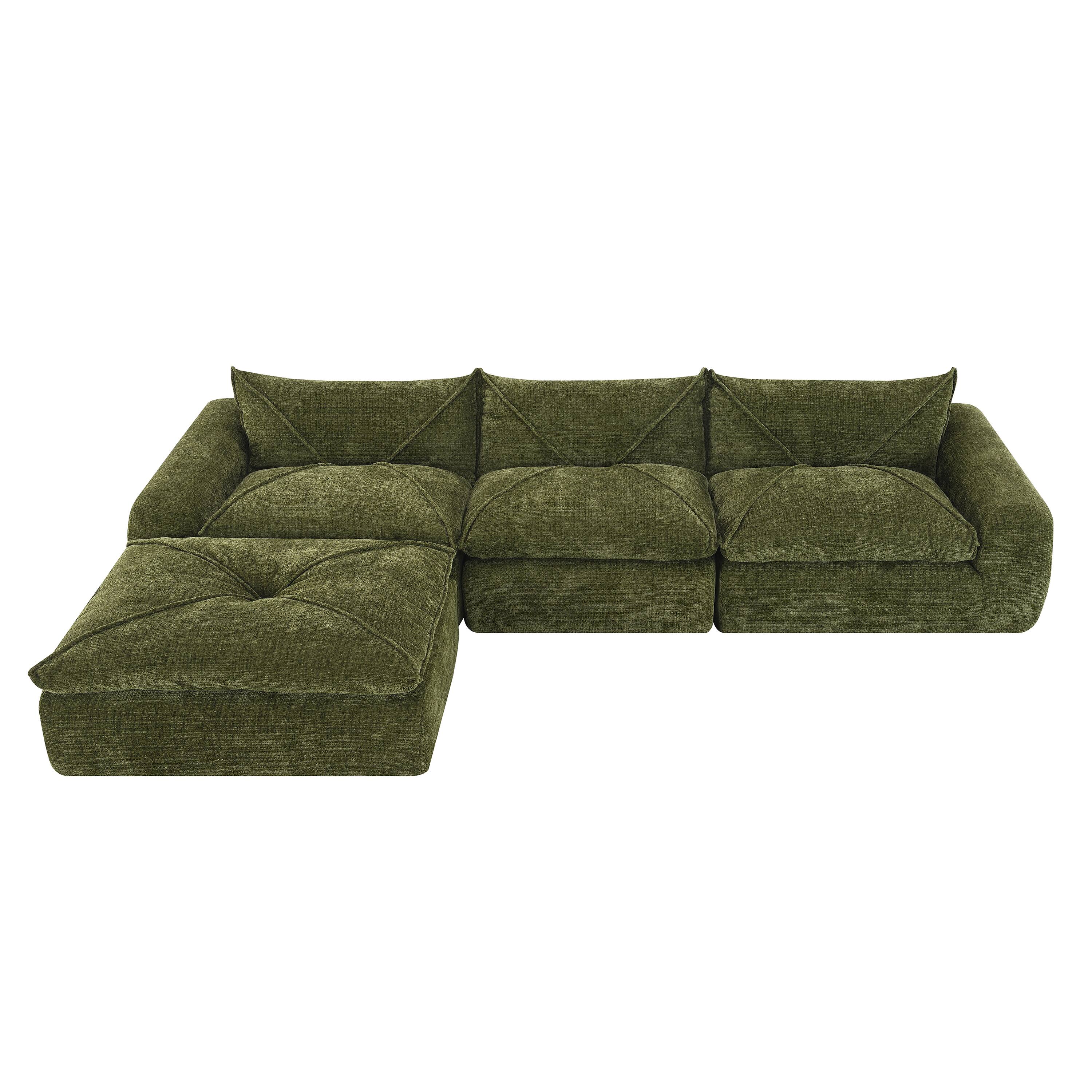 Angle. Whisen - Fully Assembled Sectional Sofa with Ottoman,High-Density Foam Legless Floor Couch - Green.