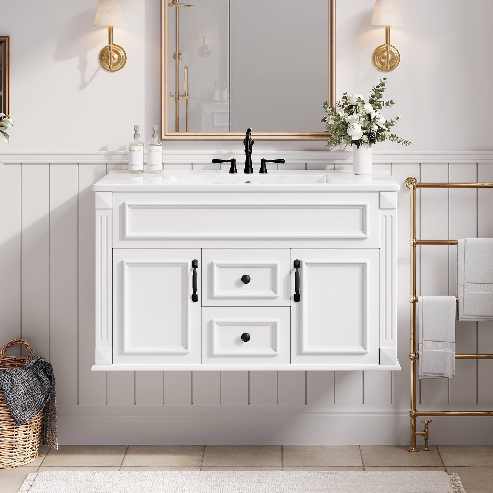Angle. Whisen - 36" Wall Mounted Bathroom Vanity Cabinet with Sink Drawers and Soft Closing Hinges Floating Storage - White.