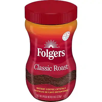 Folgers Classic Roast
Instant Coffee Crystals
Cristales de Café Instantáneo
Net Wt/Peso Neto 8 oz (226g)