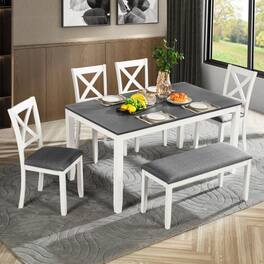LUCKY ONE - 6-Piece Dining Set with 58.5" Rectangular Dining Table, Bench and 4 X-shaped backrest Chairs - White+gray