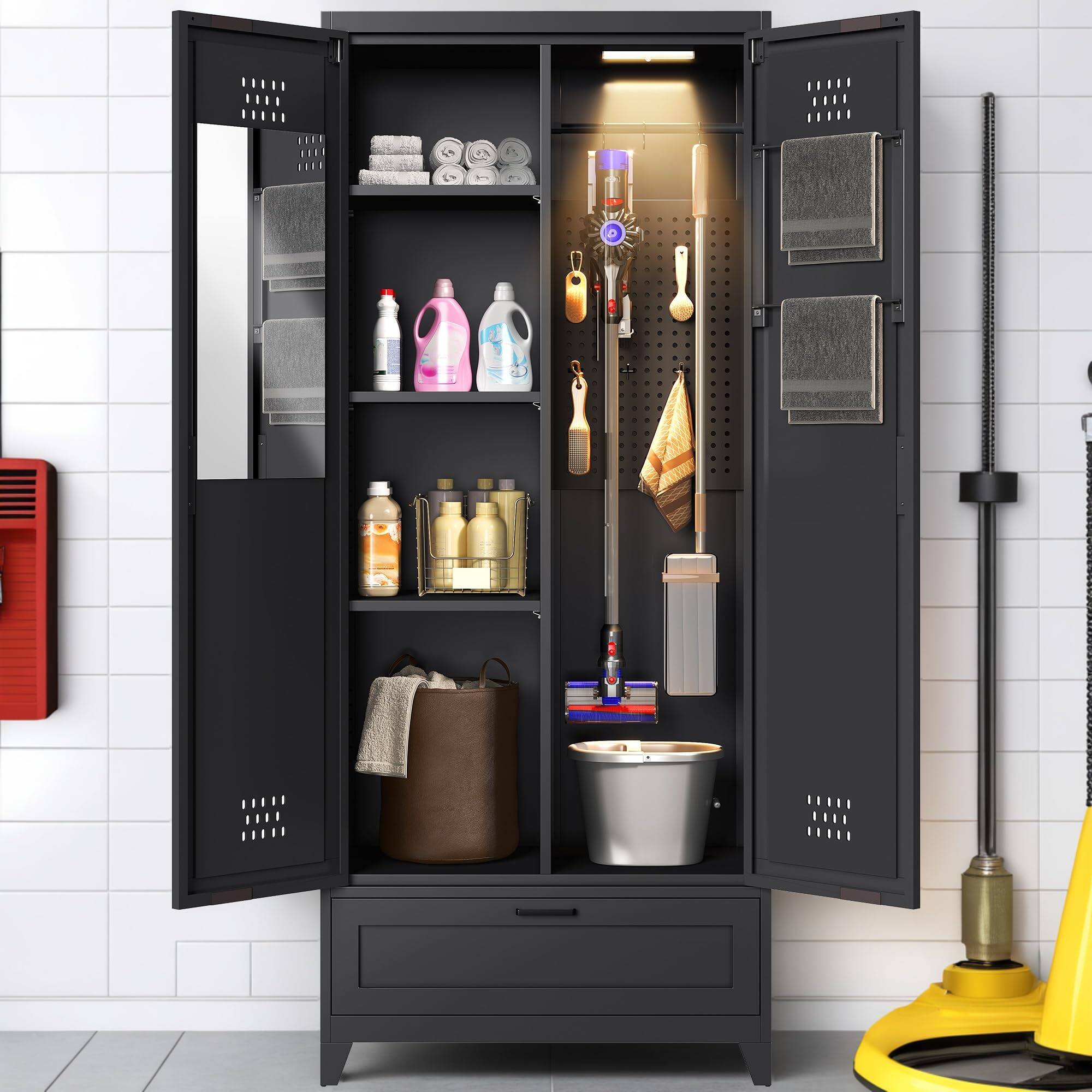 Back. Cedar Assembly - YITAHOME 71 Metal Garage Broom Cabinets with Adjustable Shelves, Vacuum Storage Cabinet with Doors and Dra... - Default.