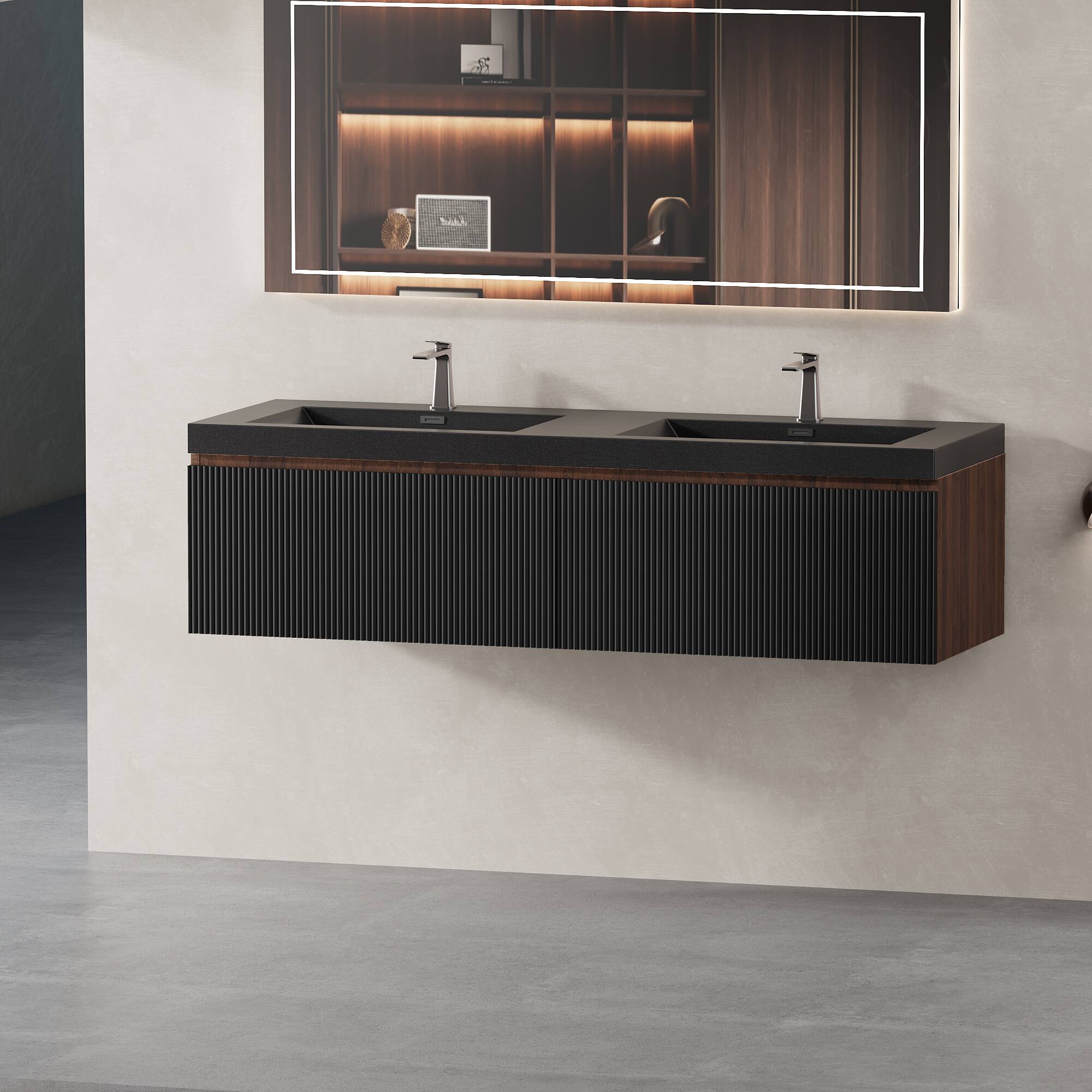 Alt View 3. Boyel Living - 60In Floating Bathroom Vanity Double Sinks Black Stone Resin Countertop Soft Close Drawers - Black.