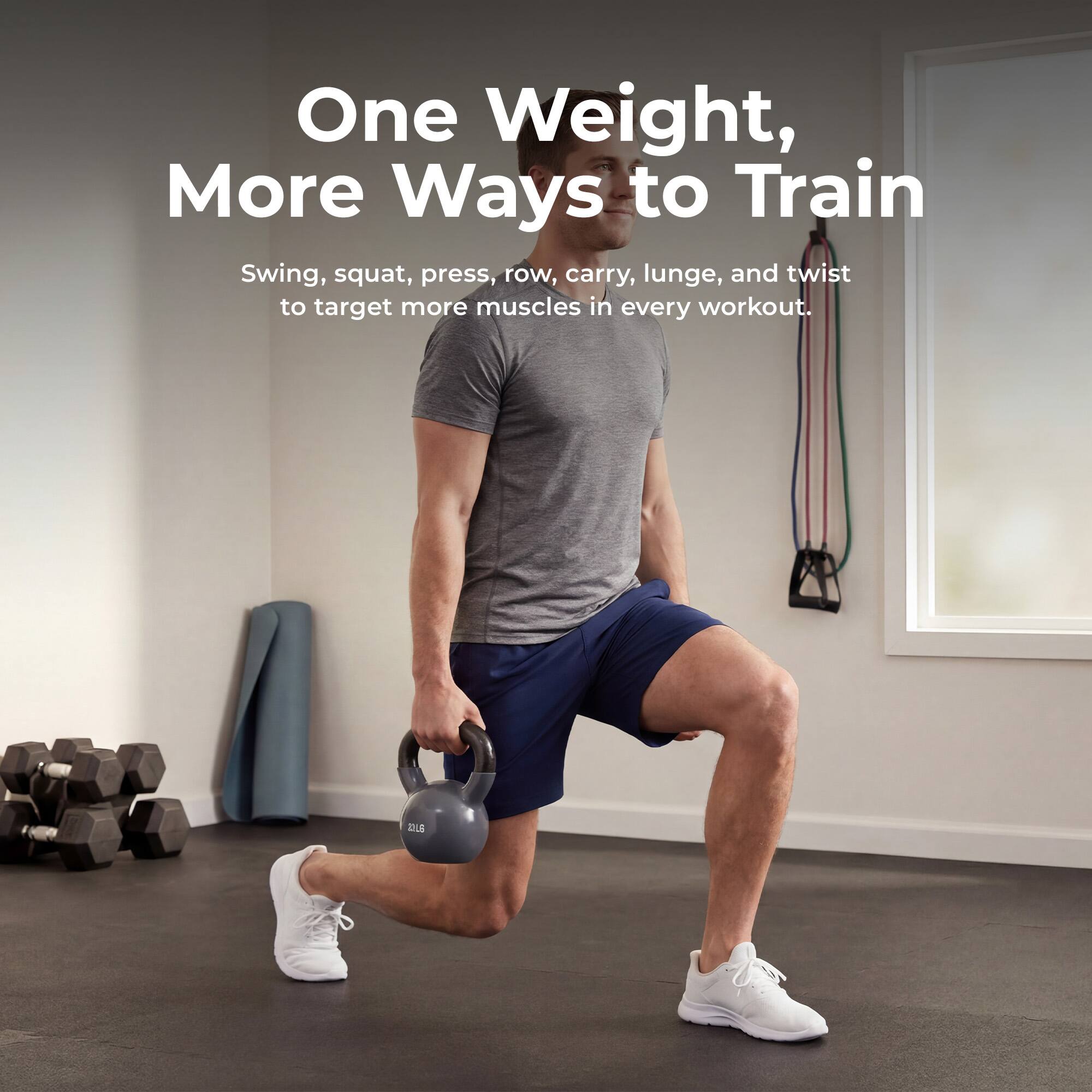 One Weight, More Ways to Train

Swing, squat, press, row, carry, lunge, and twist to target more muscles in every workout.