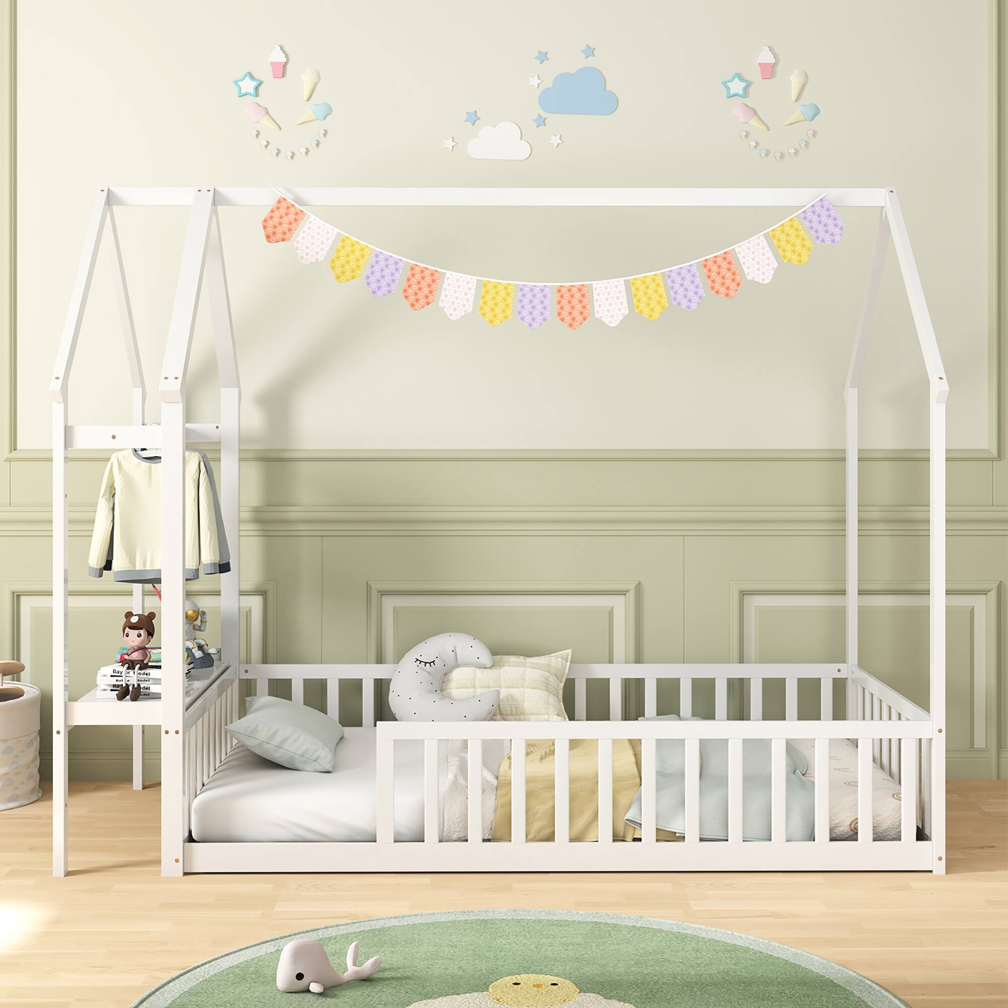 Alt View 1. Gymax - Gymax Twin House Floor Bed w/ Storage Shelf & Detachable Clothes Hanger Guardrails - White.