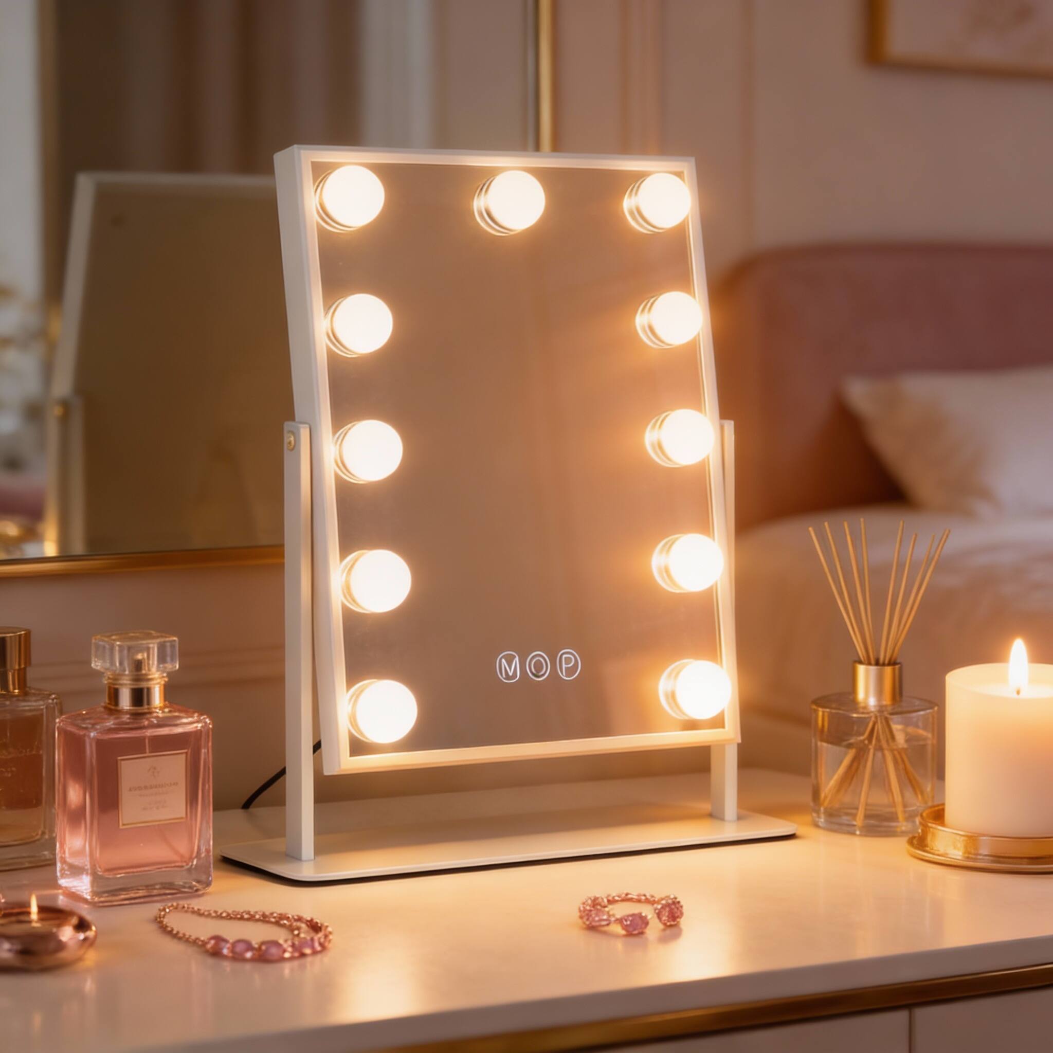 Back. PO3TICJUNKI3 - Hollywood Vanity Mirror with Lights, 3 Color Modes, Dimmable, 10X Magnifying, 360° Swivel - Ivory.