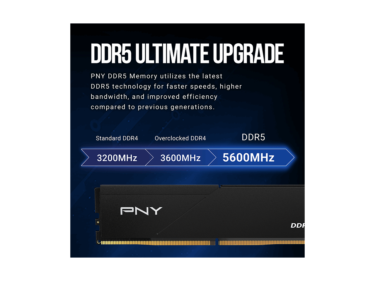 DDR5 ULTIMATE UPGRADE

PNY DDR5 Memory utilizes the latest DDR5 technology for faster speeds, higher bandwidth, and improved efficiency compared to previous generations.

Standard DDR4
Overclocked DDR4
DDR5

3200MHz 3600MHz 5600MHz

PNY
DDF