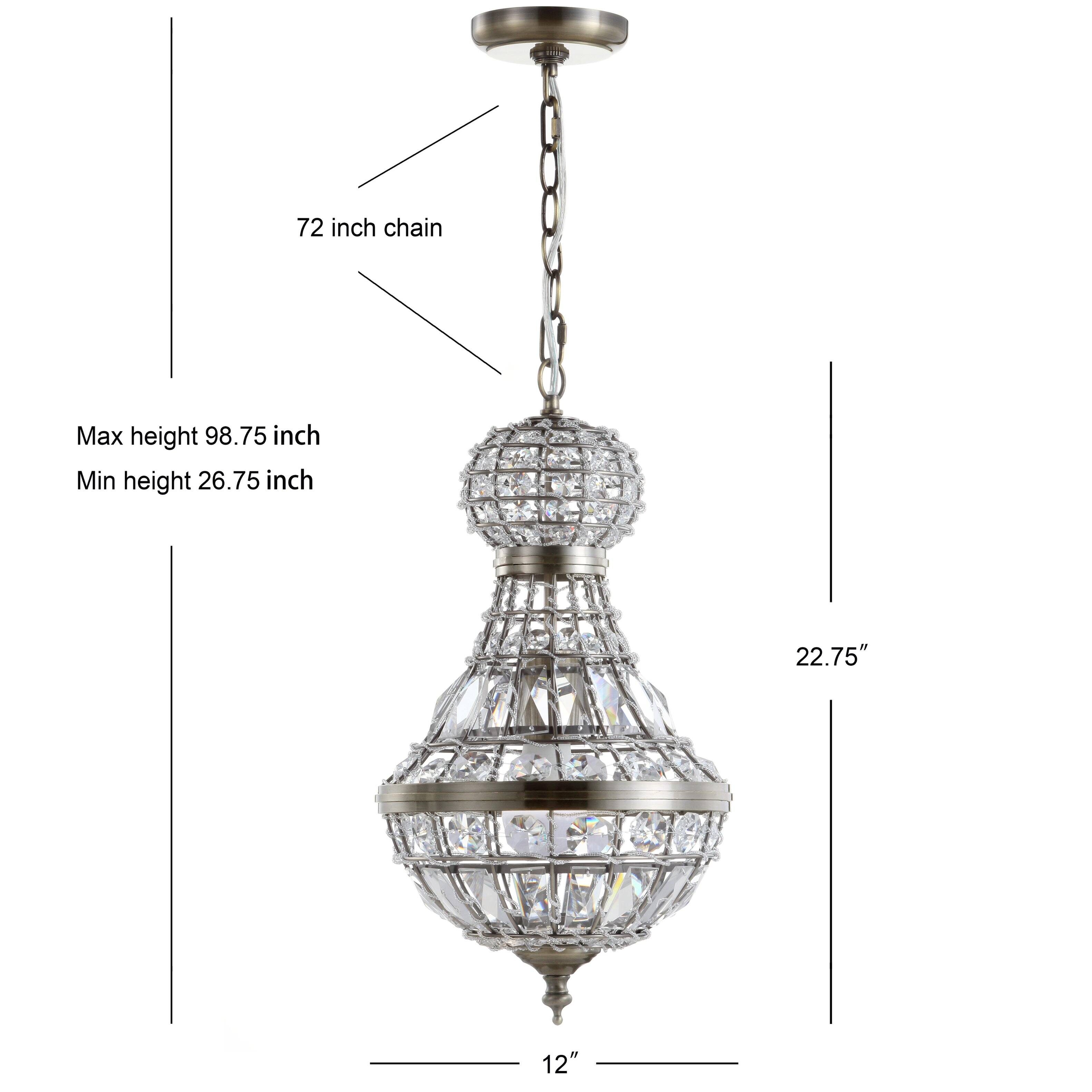 72 inch chain  
Max height 98.75 inch  
Min height 26.75 inch  
22.75"  
12"