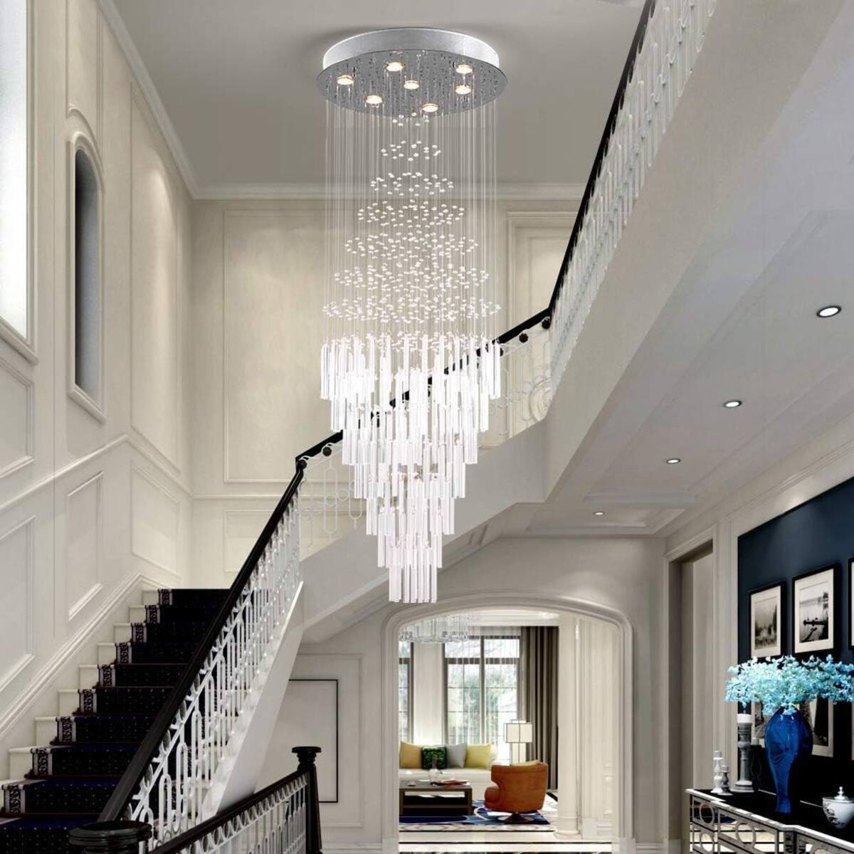 Back. Loheer - Loheer 64.5 Inch Crystal Raindrop Chandelier, 7 Light Modern Flush Mount Ceiling Fixture, Nickel.