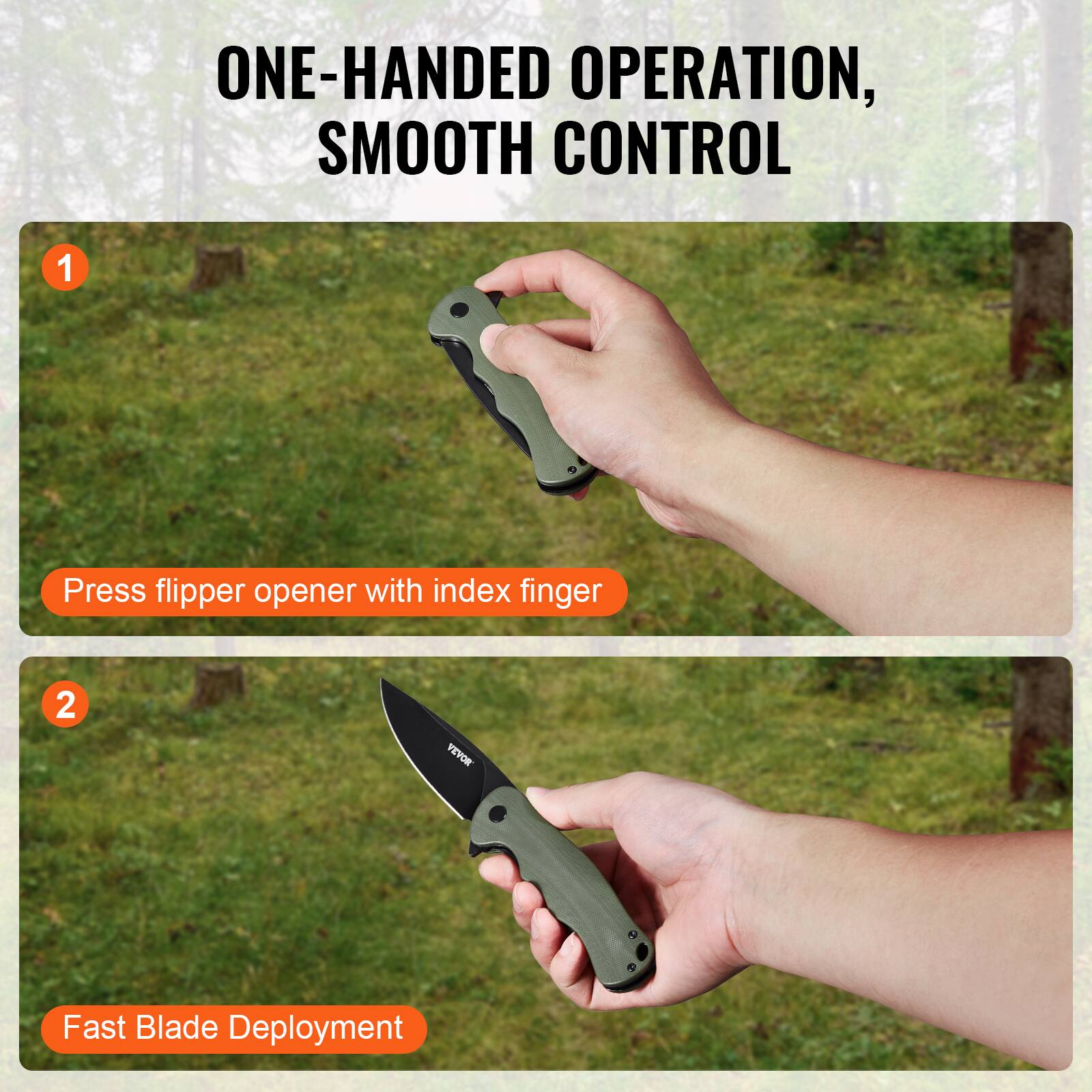 ONE-HANDED OPERATION, SMOOTH CONTROL

1. Press flipper opener with index finger

2. Fast Blade Deployment