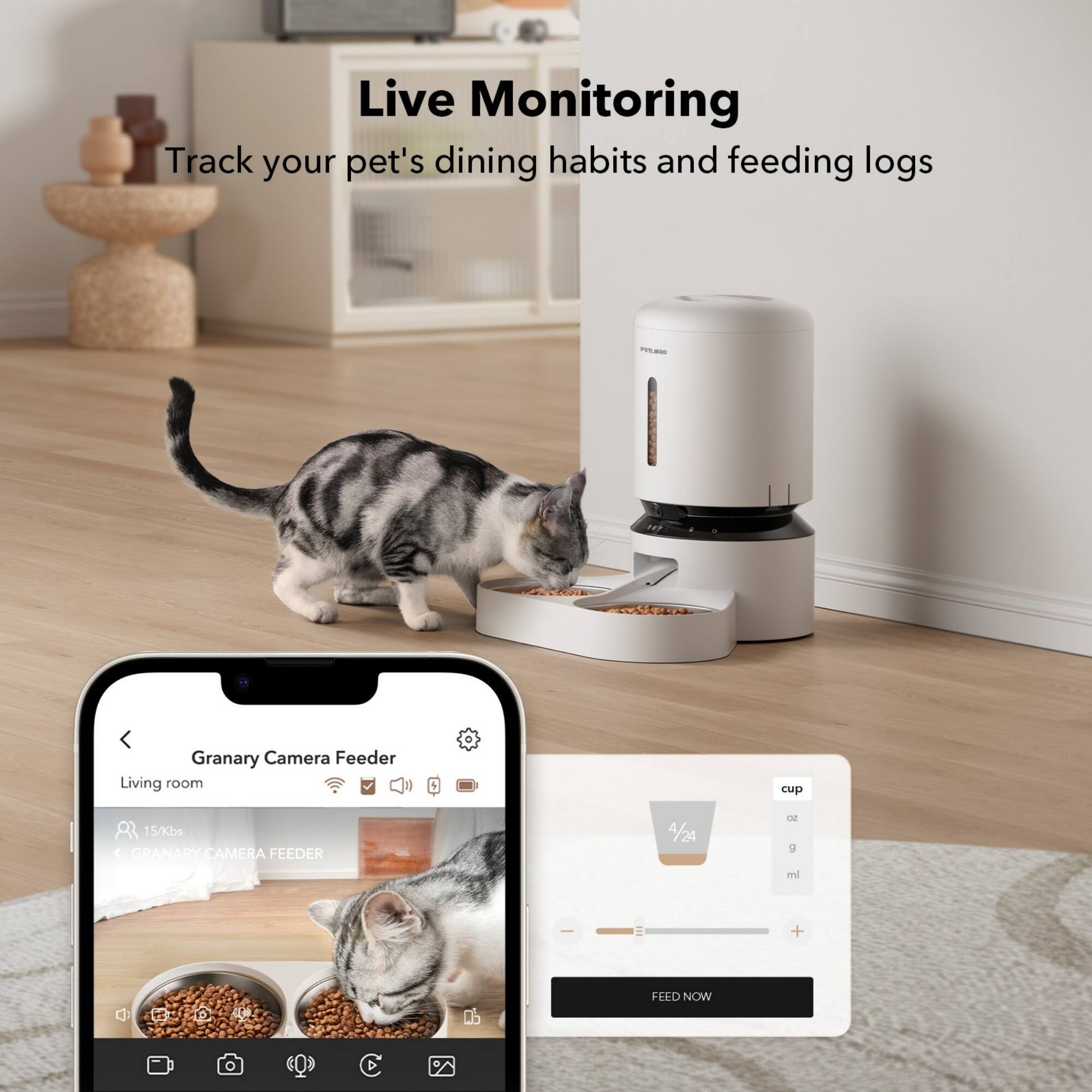 Live Monitoring: Track your pet's dining habits and feeding logs.