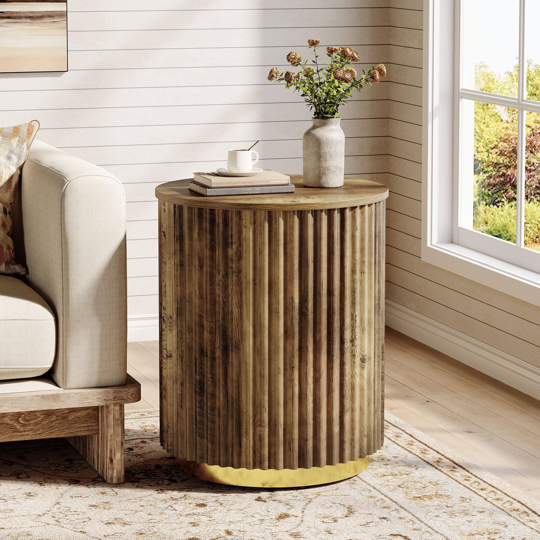Front. Tribesigns - Fluted Round End Table - Rustic Brown.