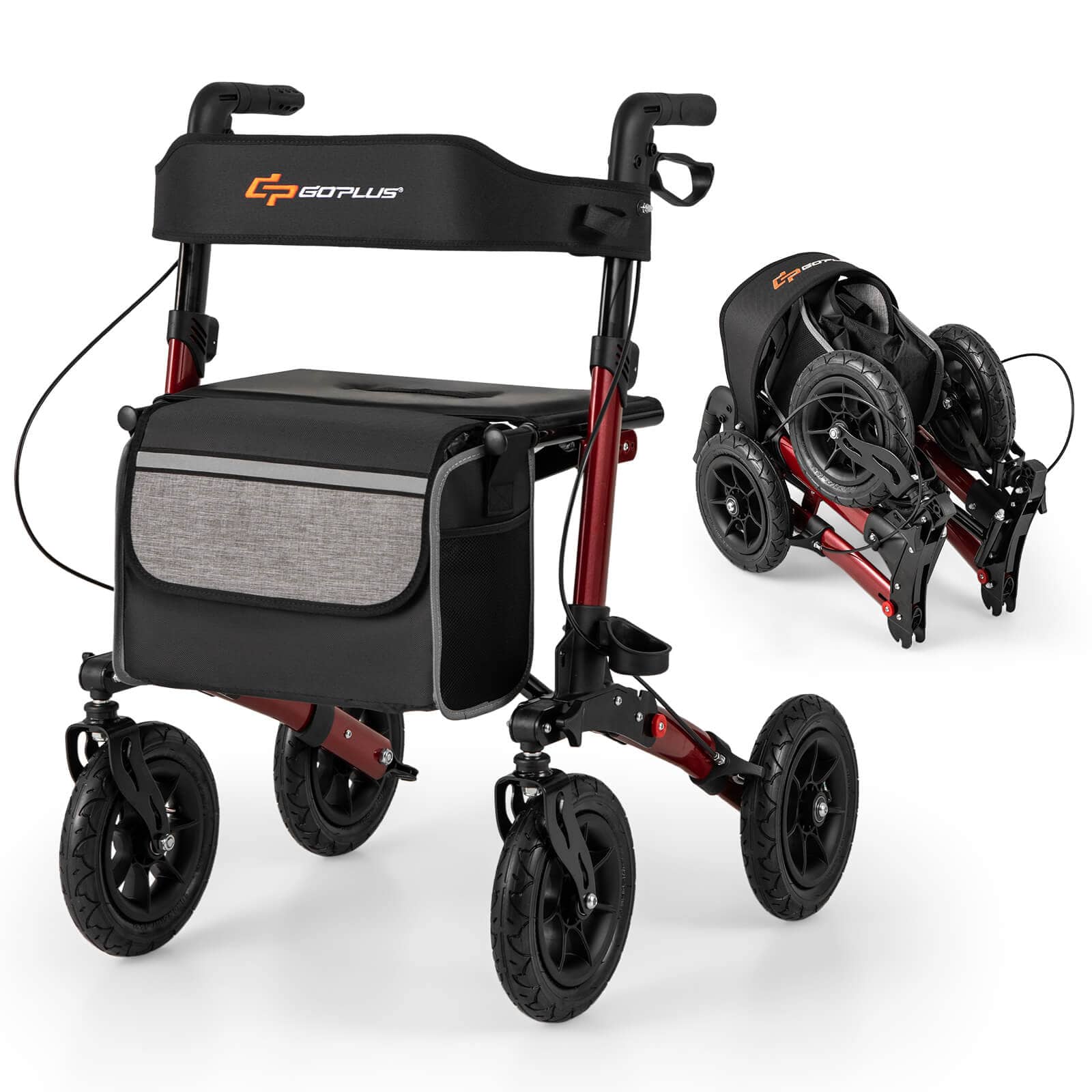 Front. Costway - Costway Walker for Seniors Folding Rollator Walker with 9" Pneumatic Tires for All Terrain Red - Red.
