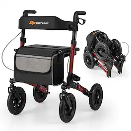 Costway - Walker for Seniors Folding Rollator Walker with 9" Pneumatic Tires for All Terrain - Red