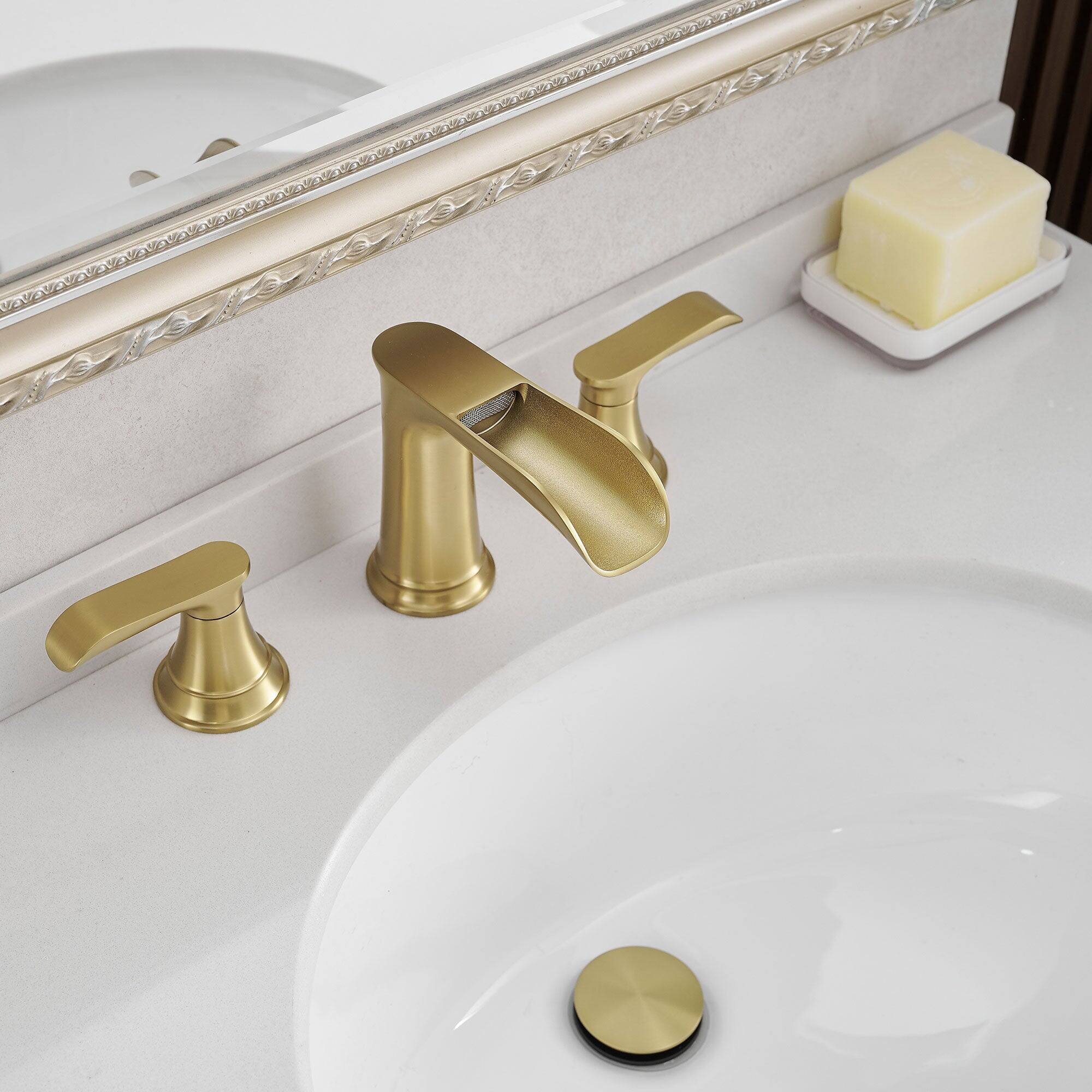 Alt View 9. Boyel Living - Waterfall 8 Inch Widespread Double Handle Brass Bathroom Faucet with Pop Up Drain and Water Supply Hoses in Brushed Gold - Brushed Gold.