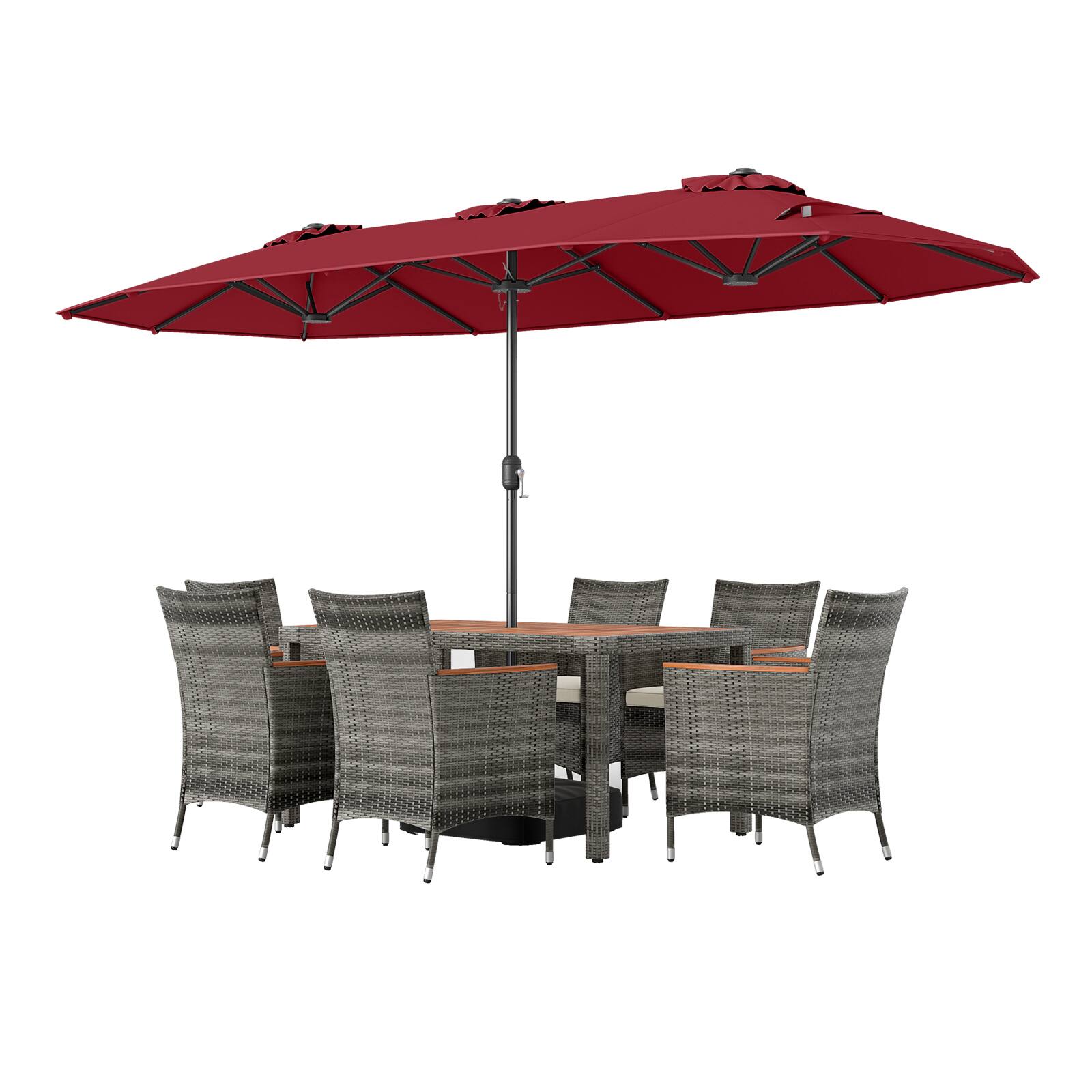 Alt View 6. Gymax - Gymax 8-Piece Patio Dining Set w/ Double-Sided Market Umbrella Acacia Wood Top Wine - Red.