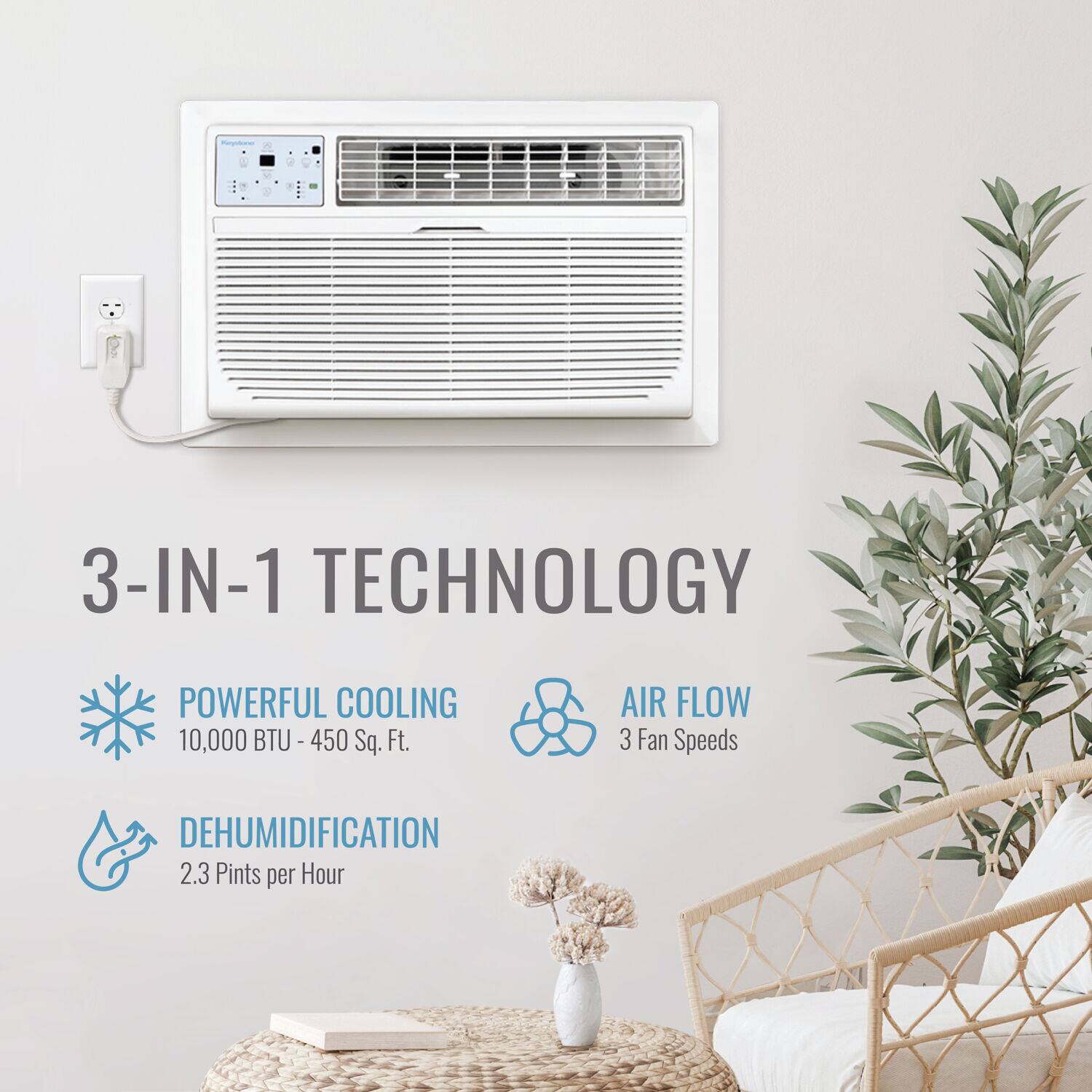 The text on the image reads: "3-in-1 Technology Powerful Cooling 10,000 BTU - 450 Sq. Ft. Air Flow 3 Fan Speeds Dehumidification 2.3 Pints per Hour."