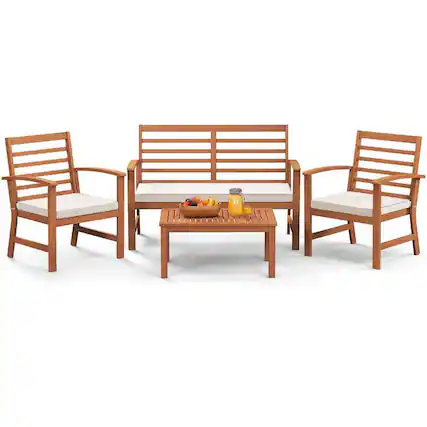 Front. Pefilos - 4 Pieces Outdoor Furniture Set, Deluxe Outdoor Patio with Stable Acacia Wood Frame-Beige - White.
