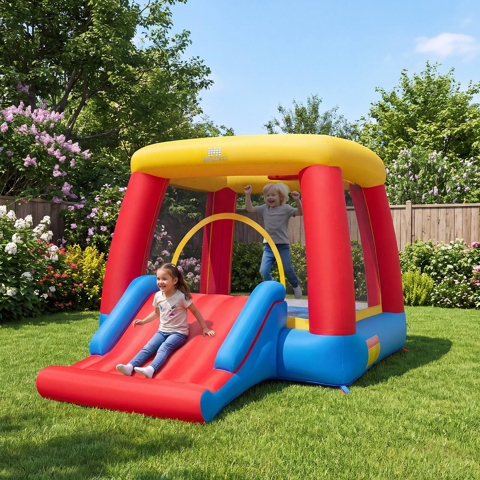 Alt View 1. Costway - Costway Inflatable Bounce House with Long Slide, Basketball Hoop 380W Blower Included.