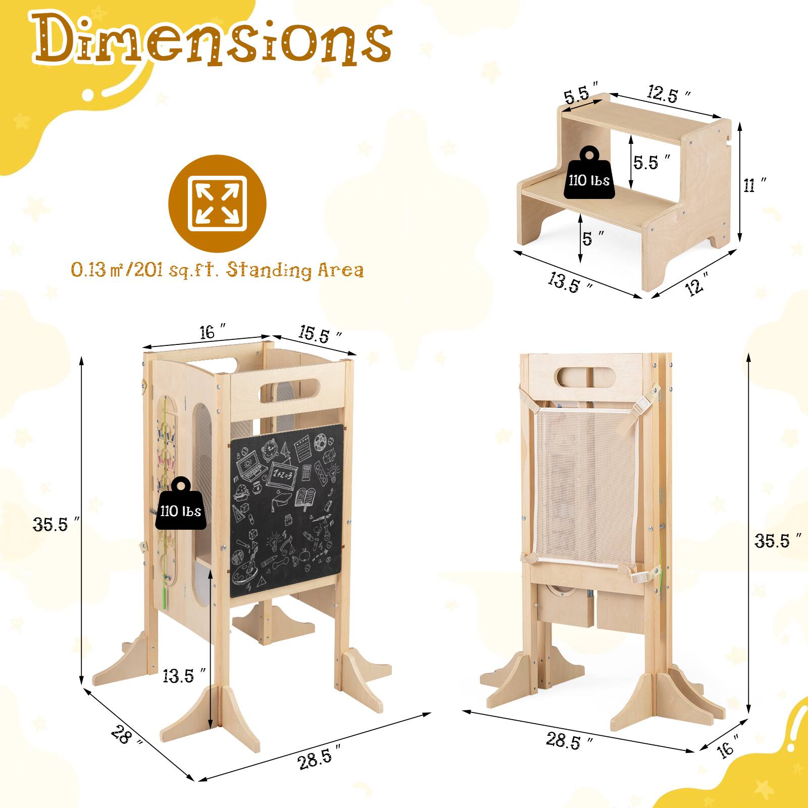 Dimensions  
- 5.5"  
- 12.5"  
- 11"  
- 5.5"  
- 13.5"  
- 12"  
- 16"  
- 15.5"  
- 35.5"  
- 28"  
- 13.5"  
- 28.5"  
- 28.5"  
- 16"  

Standing Area: 0.13 m² / 201 sq. ft.