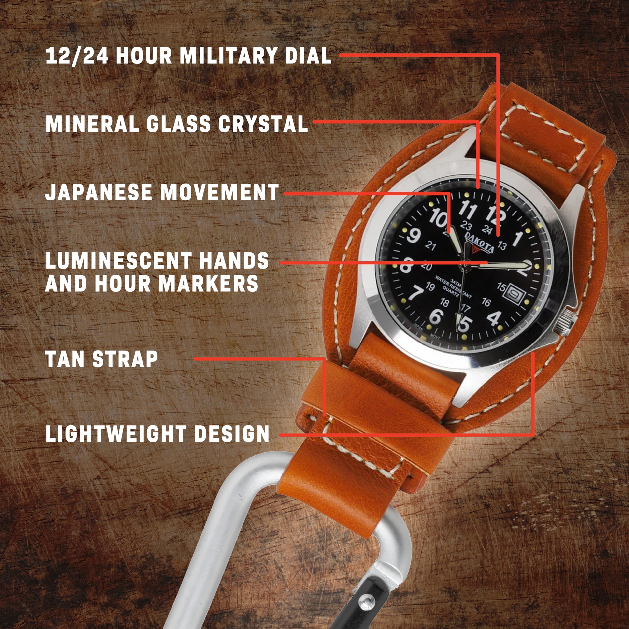 12/24 HOUR MILITARY DIAL  
MINERAL GLASS CRYSTAL  
JAPANESE MOVEMENT  
LUMINESCENT HANDS AND HOUR MARKERS  
TAN STRAP  
LIGHTWEIGHT DESIGN