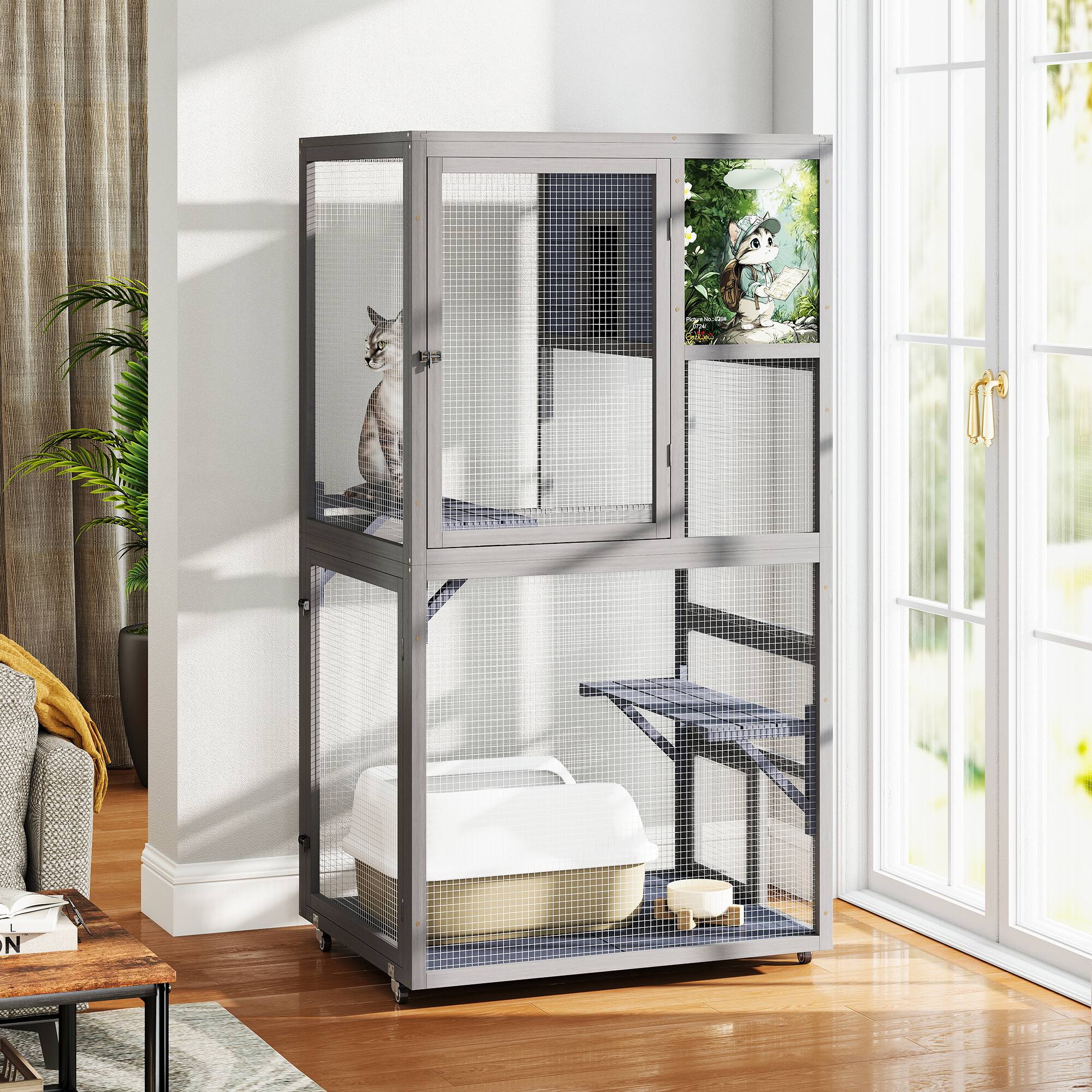 Angle. Boyel Living - Dark Gray with Colorful Paint Cat House Catio Outdoor Enclosure with Platforms 66 cat condos on Wheels for Outdoor Pa - Gray.