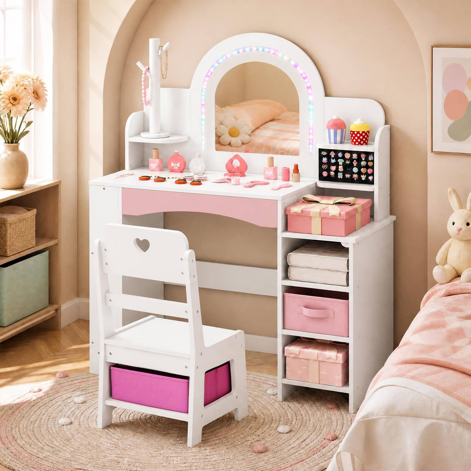 Alt View 4. Costway - Costway Kids Vanity Desk with Mirror and Lights Princess Pretend Play Makeup Table - White.