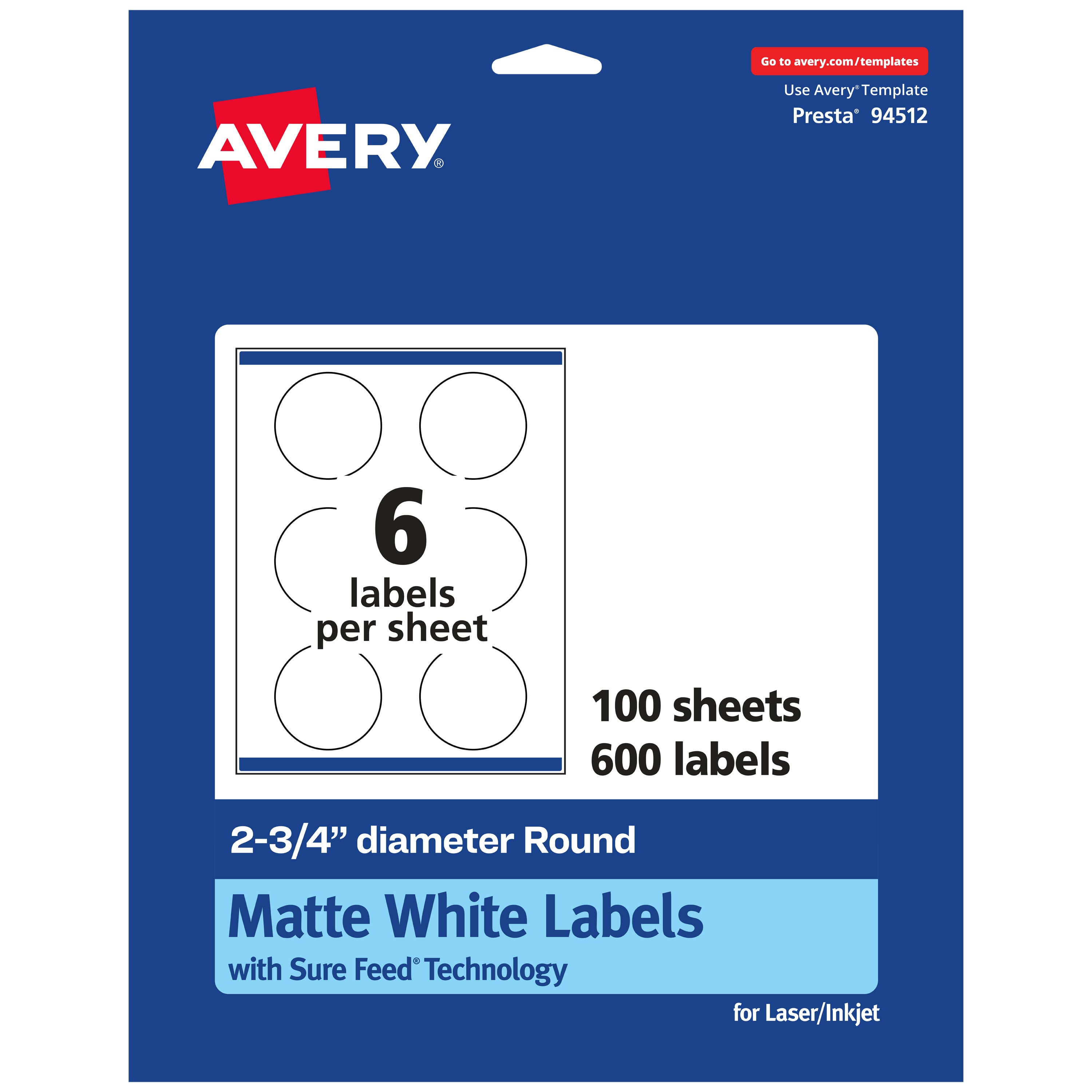 Avery - Matte Round Labels, 2.75" diameter, 600 Labels - White