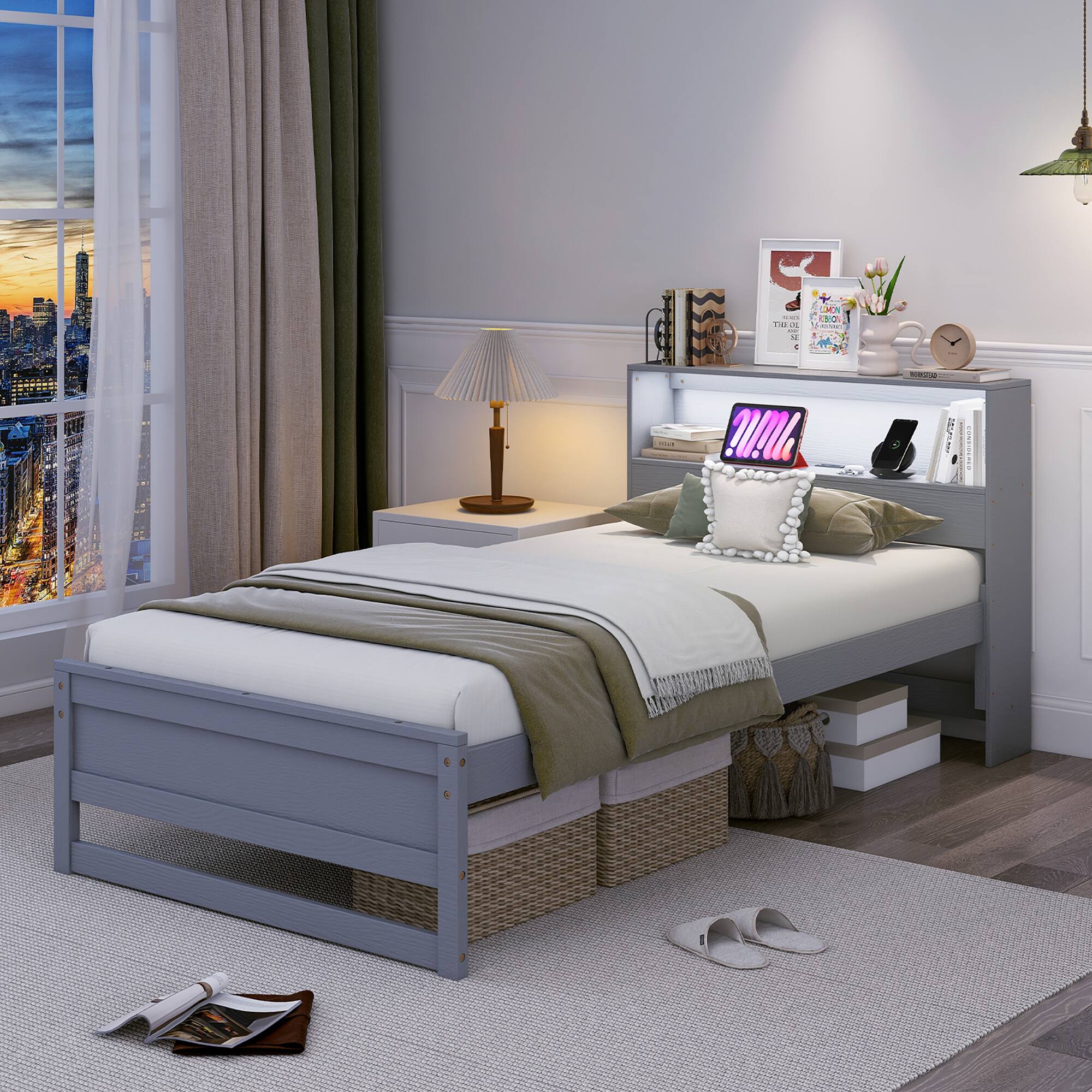 Alt View 9. Gymax - Gymax Twin Size Wooden Bed Frame w/ Charging Station & LED Light Storage Headboard Gray - Gray.