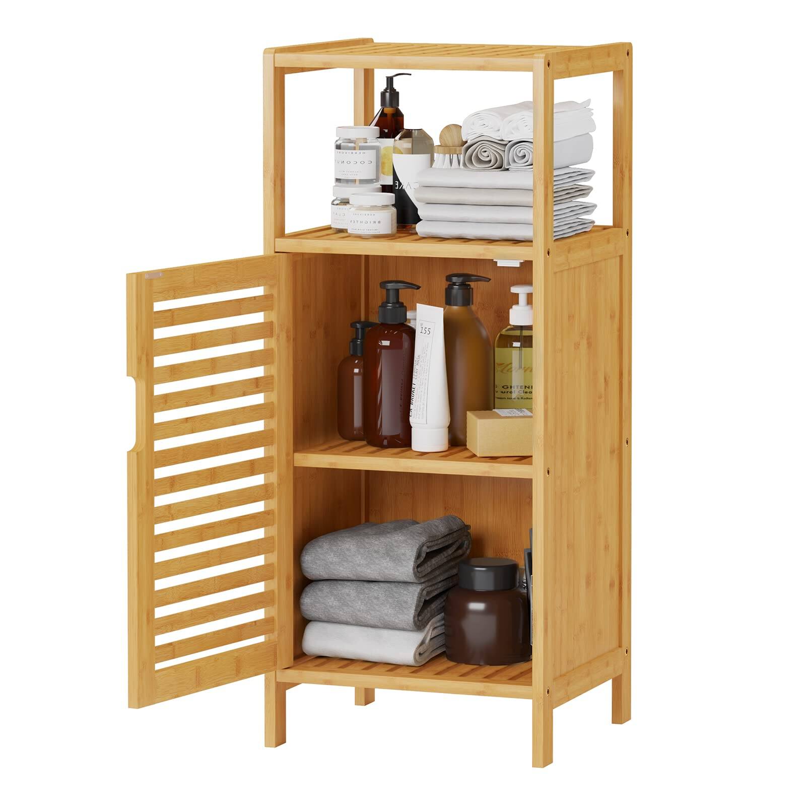 90302 CVKE is a storage unit designed for organizing bathroom essentials. It features multiple shelves and compartments to keep towels, toiletries, and other items neatly arranged. The unit is made of light-colored wood and includes a slatted door for ventilation.