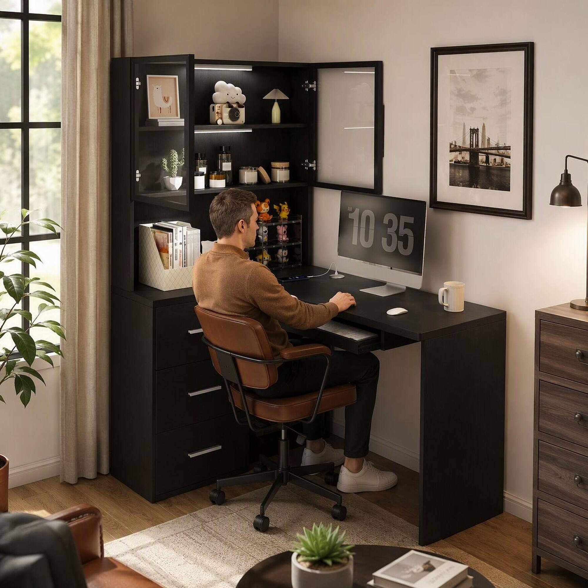 Angle. RYHNUYNE - L-Shaped Corner Computer Desk, Black MDF with Glass Cabinets, LED Lighting, USB Ports, Keyboard Tray for Home Office - Black.