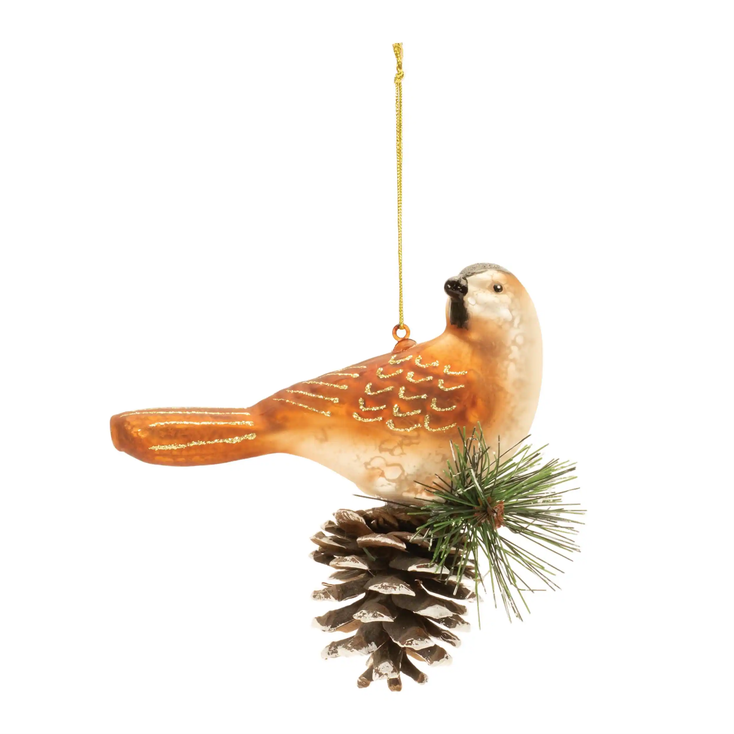 Angle. BreeBe - Glittered Glass Bird and Piencone Ornament (Set of 6) - Orange, Brown.
