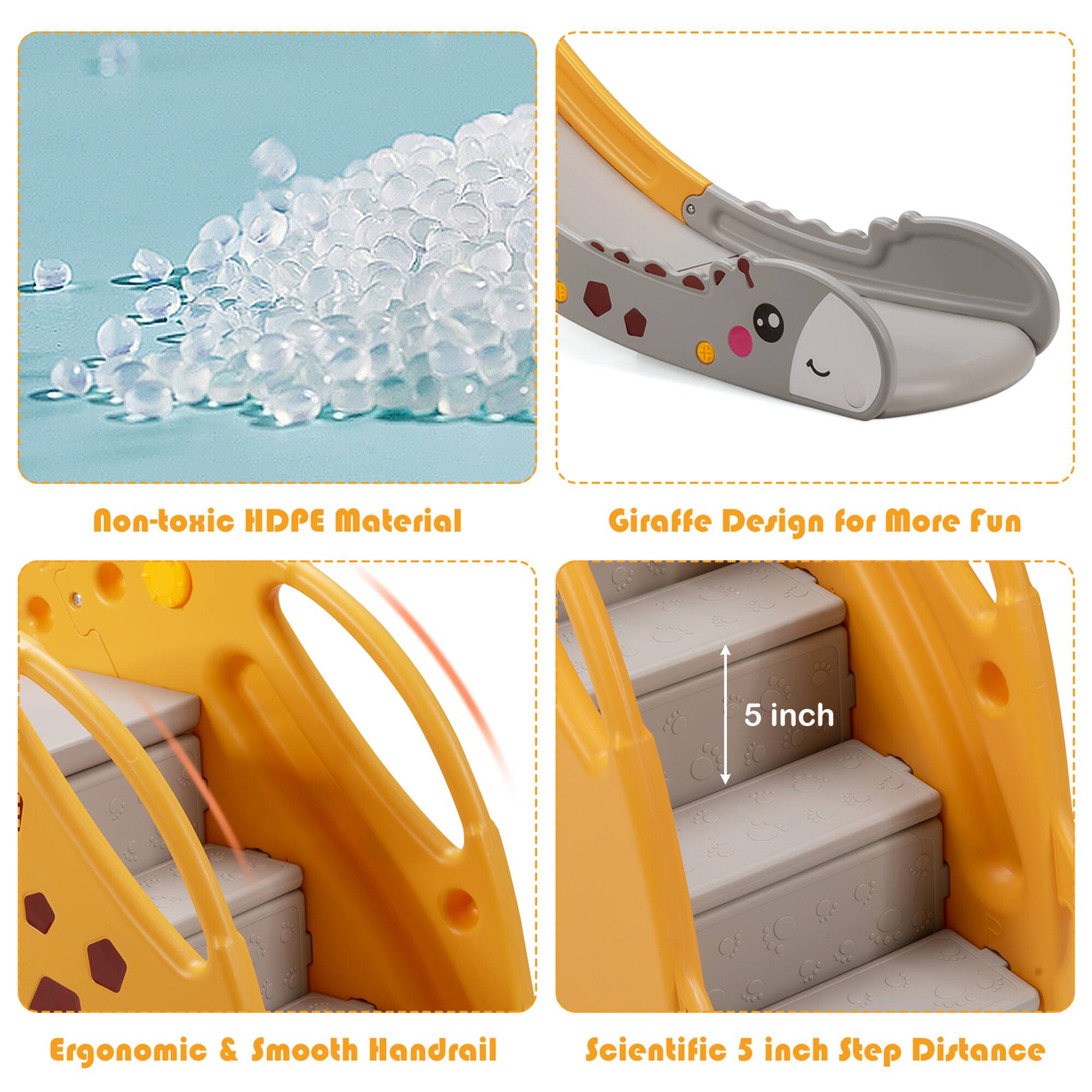 Non-toxic HDPE Material, Giraffe Design for More fun, Ergonomic & Smooth Handrail, Scientific 5 inch Step Distance
