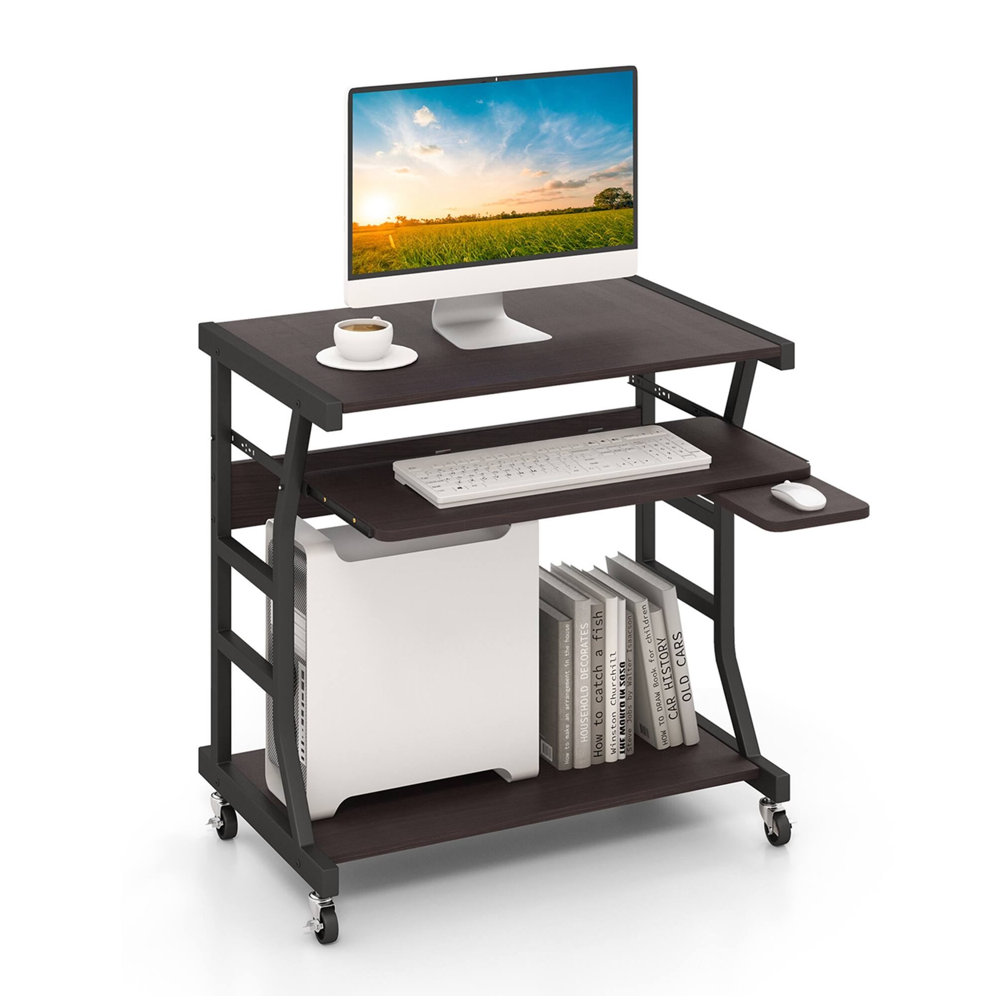 Costway - 29.5" Mobile Computer Desk Rolling Laptop Cart with Pull-out Keyboard Tray & Shelf - Dark Brown