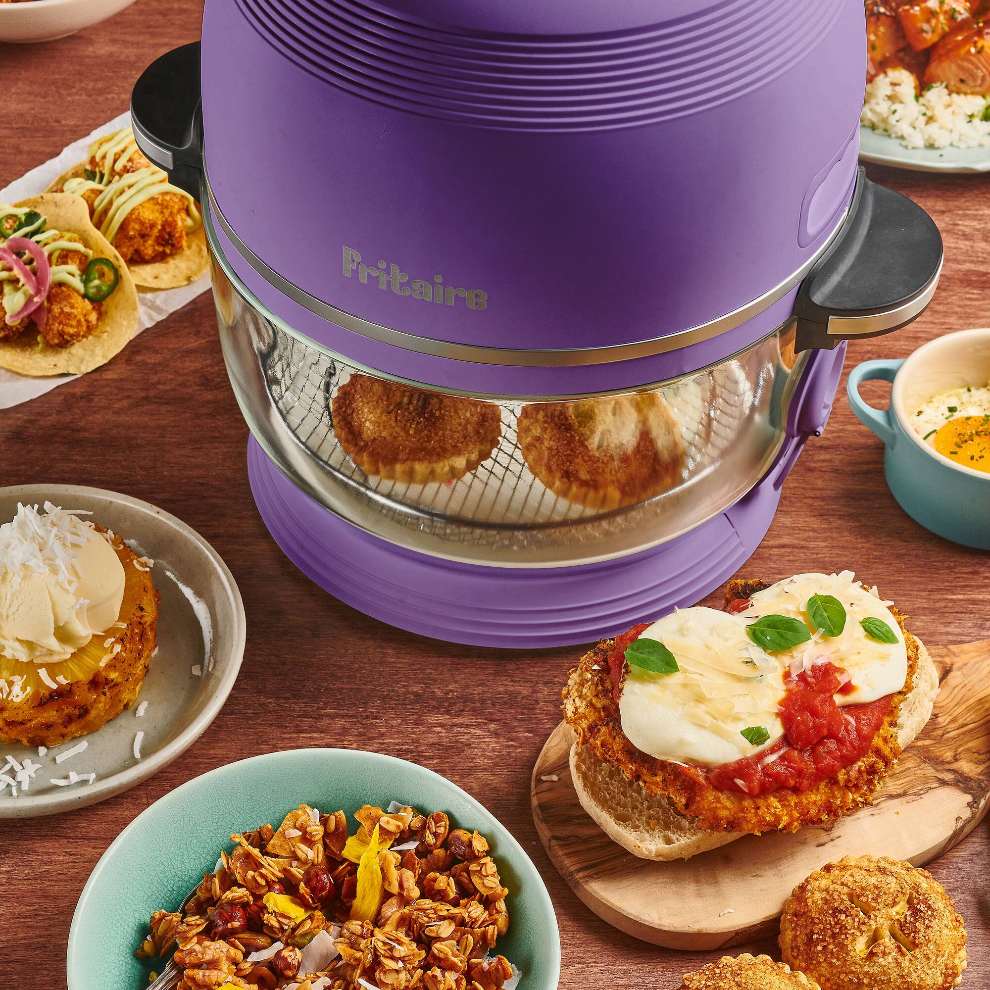 Left. Fritaire - Non-Toxic Air Fryer - Glass Air Fryer, 5qt, Teflon-Free, PFOA- Free, w/ Accessories - Rotisserie and Tumbling Basket - Lavender.