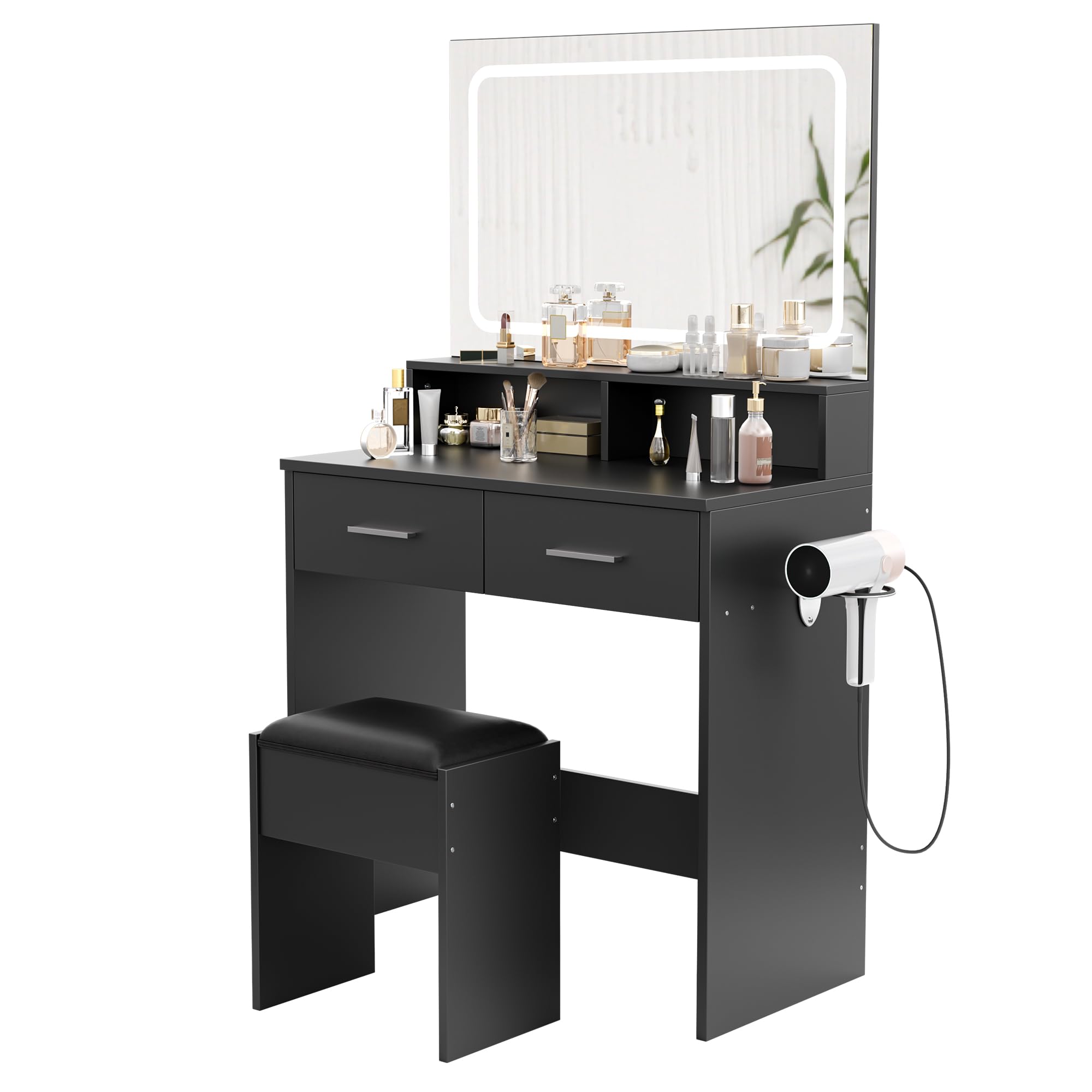 Front. Acekool - Vanity Desk with Mirror and Lights, 3 Color Modes Makeup Vanity with Cushioned Stool, 2 Drawers & Charging Station - Black.