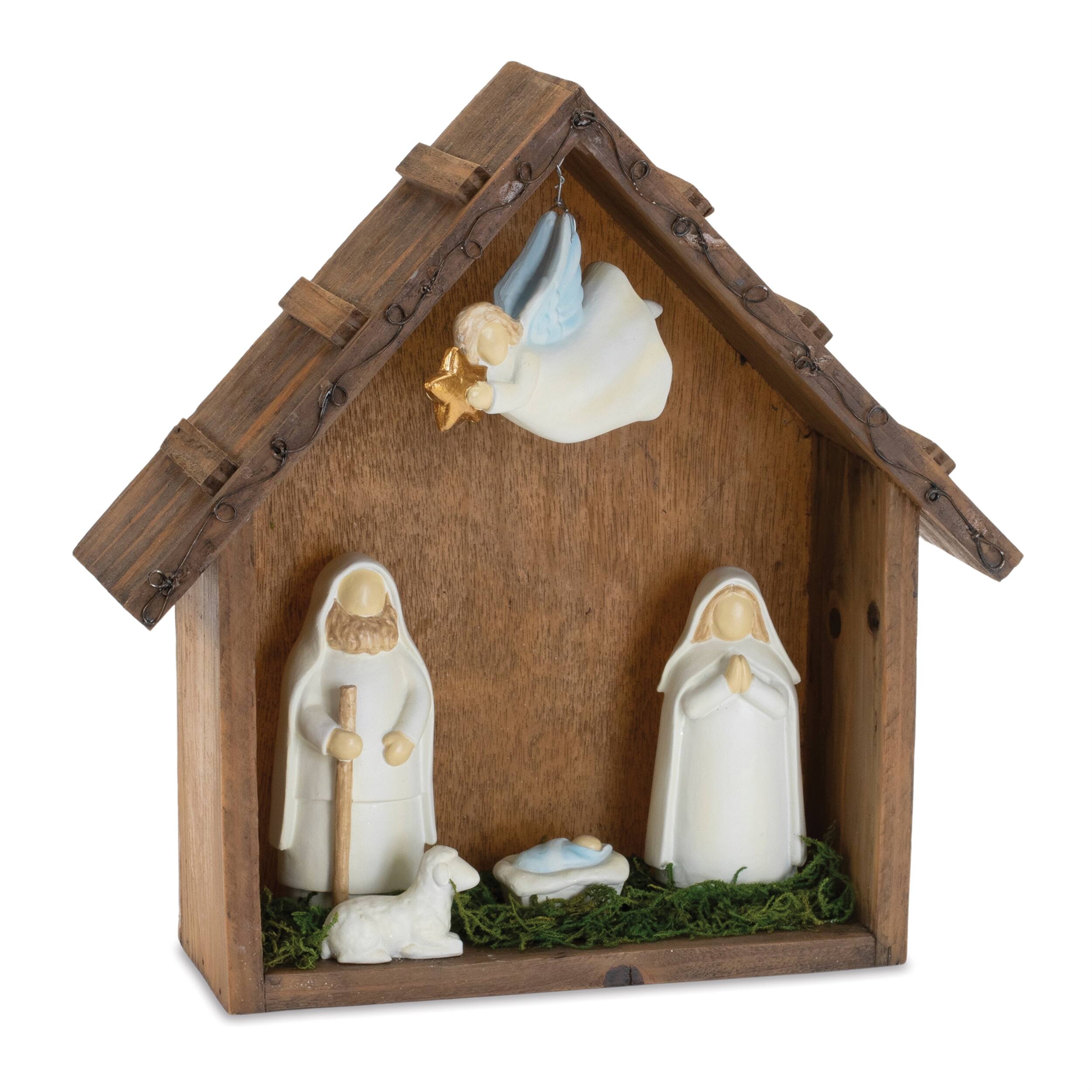 Left. BreeBe - Holiday Nativity Scene Display 10"L - Brown, White, Green.
